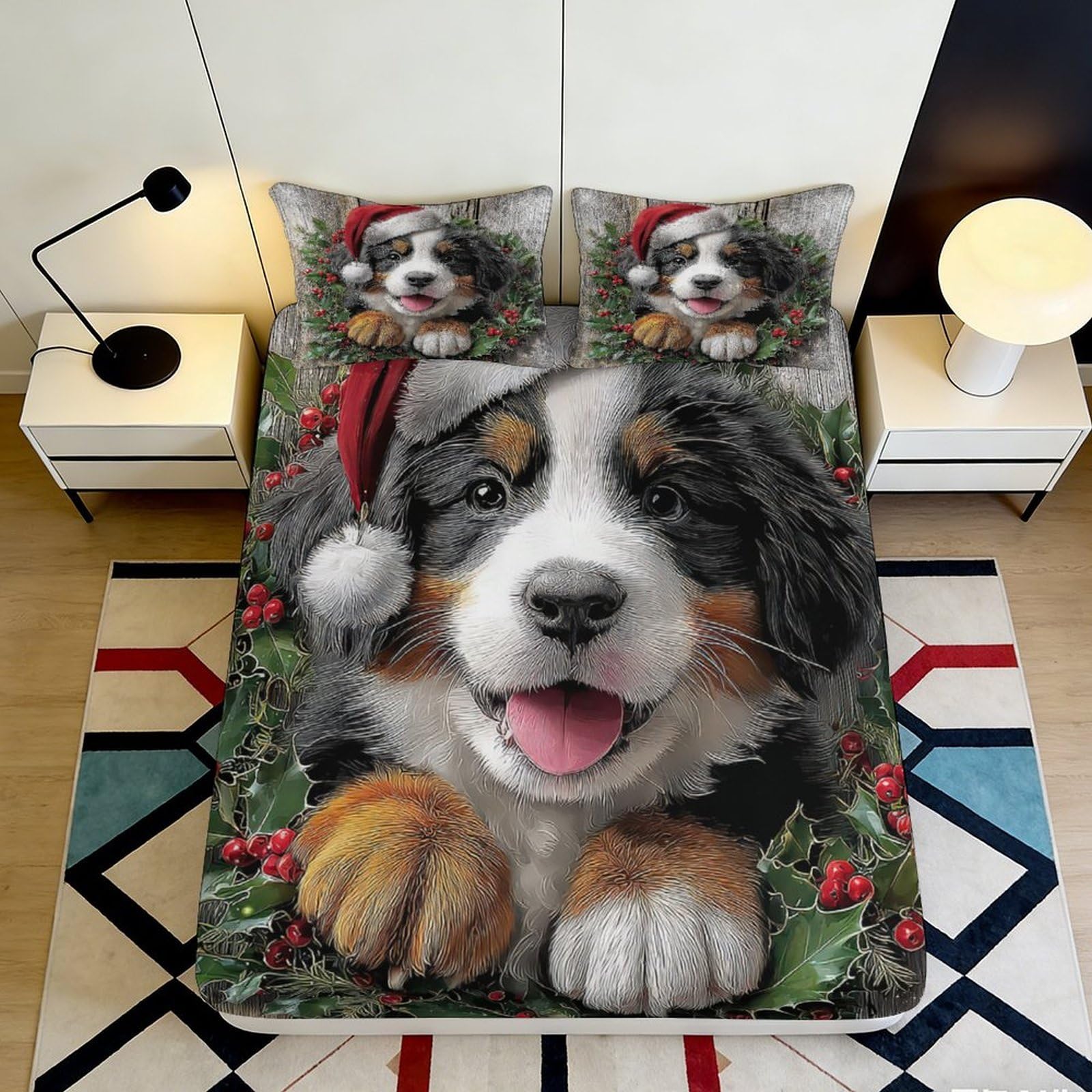 3D Printed Christmas Dog Fitted Sheet Microfiber Soft Breathable Santa Puppy Mattress Cover for Bedroom Guest Room 90x200x25cm