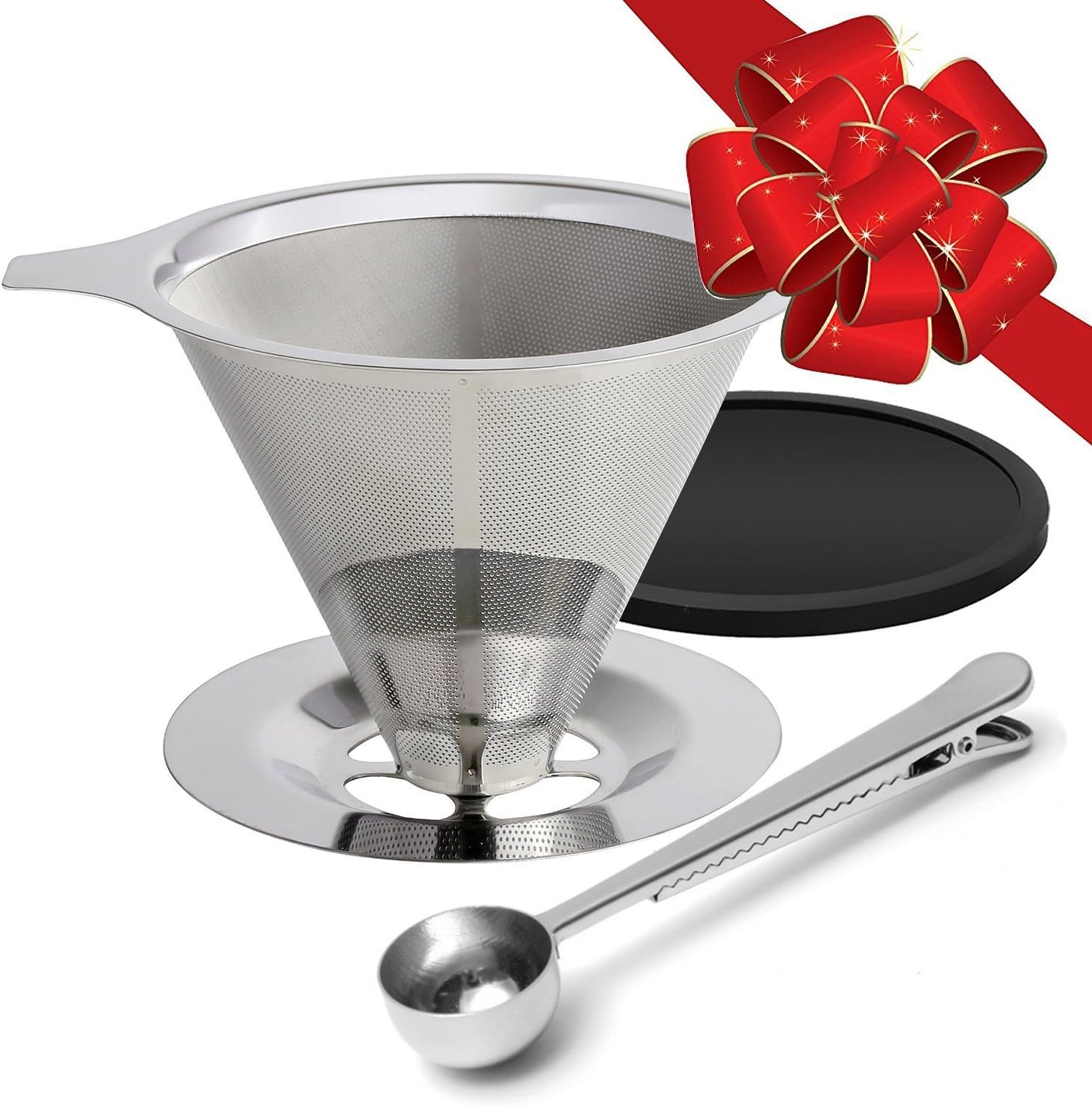 Stainless Steel Pour Over Coffee Cone Filter Dripper & Scoop & Coaster Set - ATKKE High Quality Reusable Paperless Double Mesh Coffee Maker for 1-4 Cups CF06
