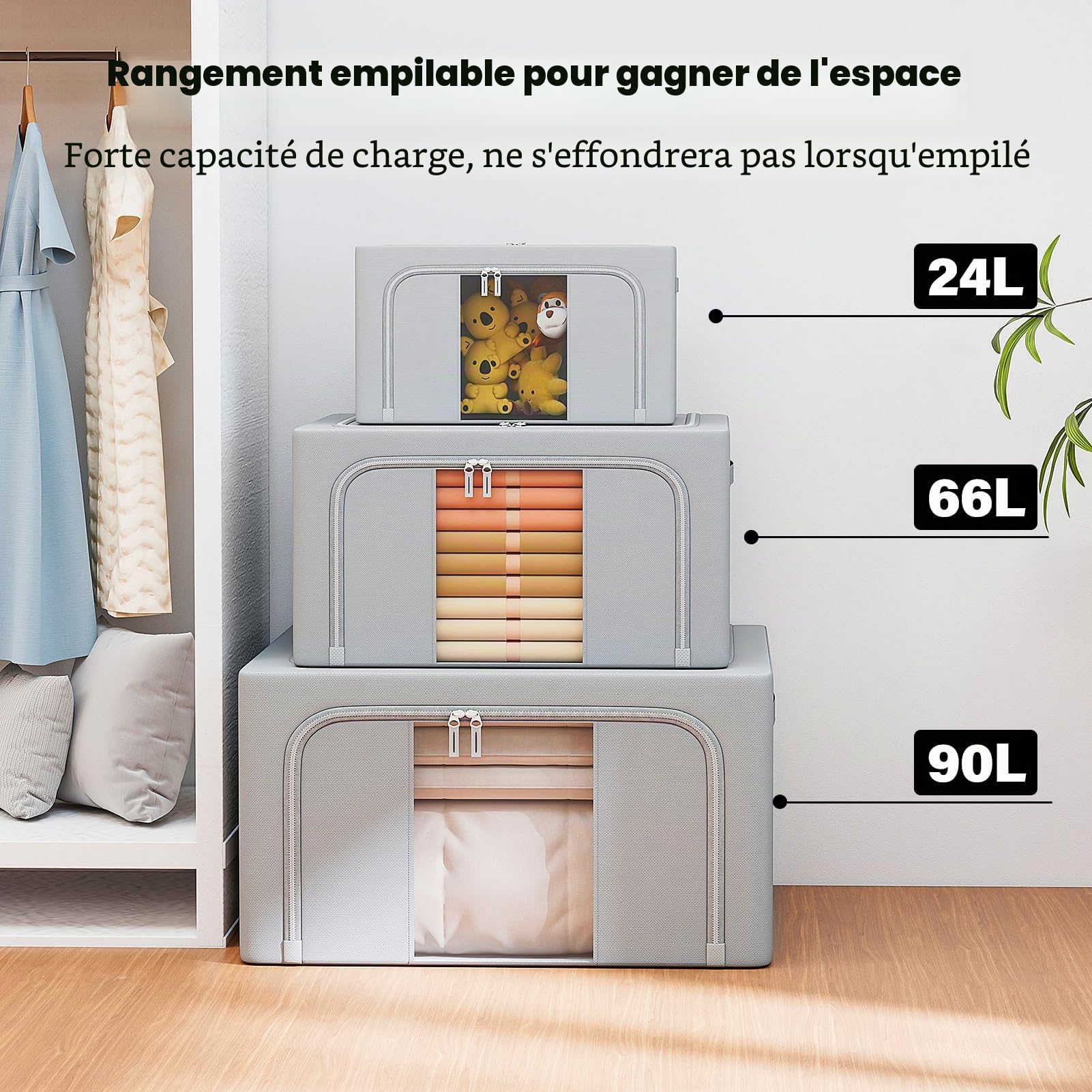 GoMaihe 3 pièces Sac de Rangement Vetement 198L: Boîte de Rangement Pliable - Housse Rangement Couette Organisateur de Placard, Sac Rangement Vetement avec Cadre Métallique - Empilables (Gris,66L)