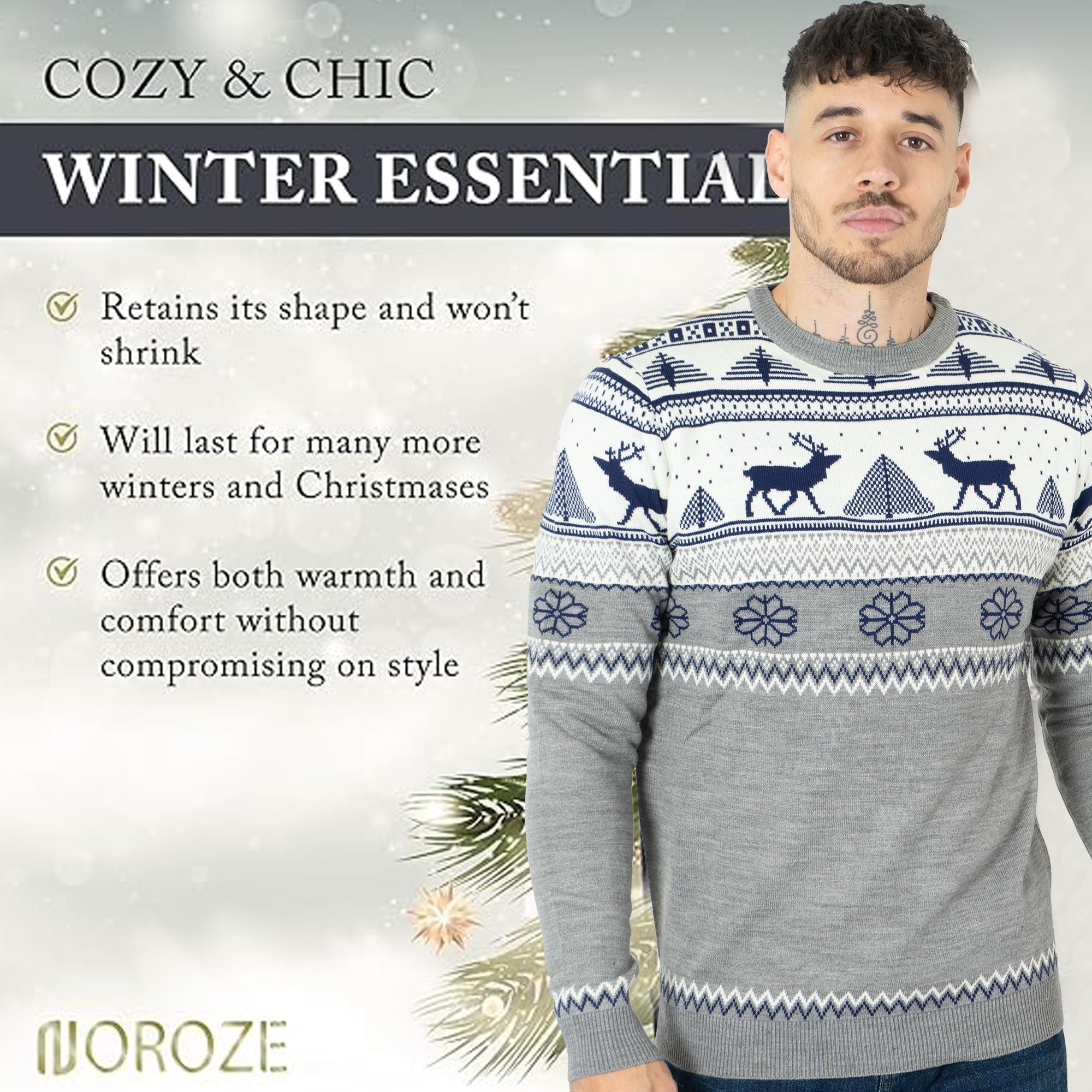 NOROZE Hombres Feliz Navidad Cremallera simulada Estilo nórdico Reno Alce Ciervo Embudo Cuello Redondo Festivo Jersey navideño Pullover Pull-Over Suéter