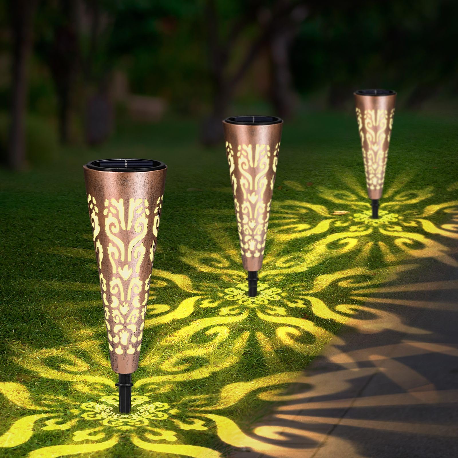 pearlstar Solar Lights Outdoor Garden Decorative Pathway Lights Waterproof Unique LED Solar Stake Lights for Patio Yard Walkway Driveway Landscape Decor, Conical, Warm Lights, Red Copper-6pack
