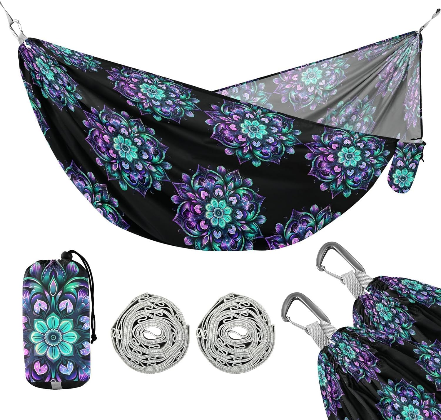 ALAZA Arabesque Mandala Flower Camping Hammocks Single or 2 Person 500 lbs Portable Parachute Travel Hammock w/Tree Straps for Hiking Backpacking Indoor Outdoor