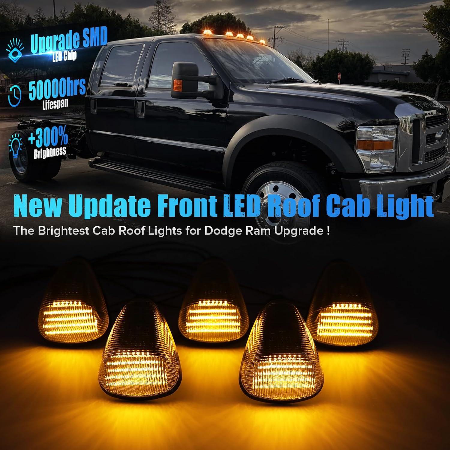 Amber LED Cab Roof Light Compatible with1999-2016 F250 350 450 550 Super Duty 2004-2017 F650 750, 16-23 F650,05-23 E150 E250 E350 E450,06-09 C450 C550 Cab Marker Running LampS 5PCS Clear Lens image 2