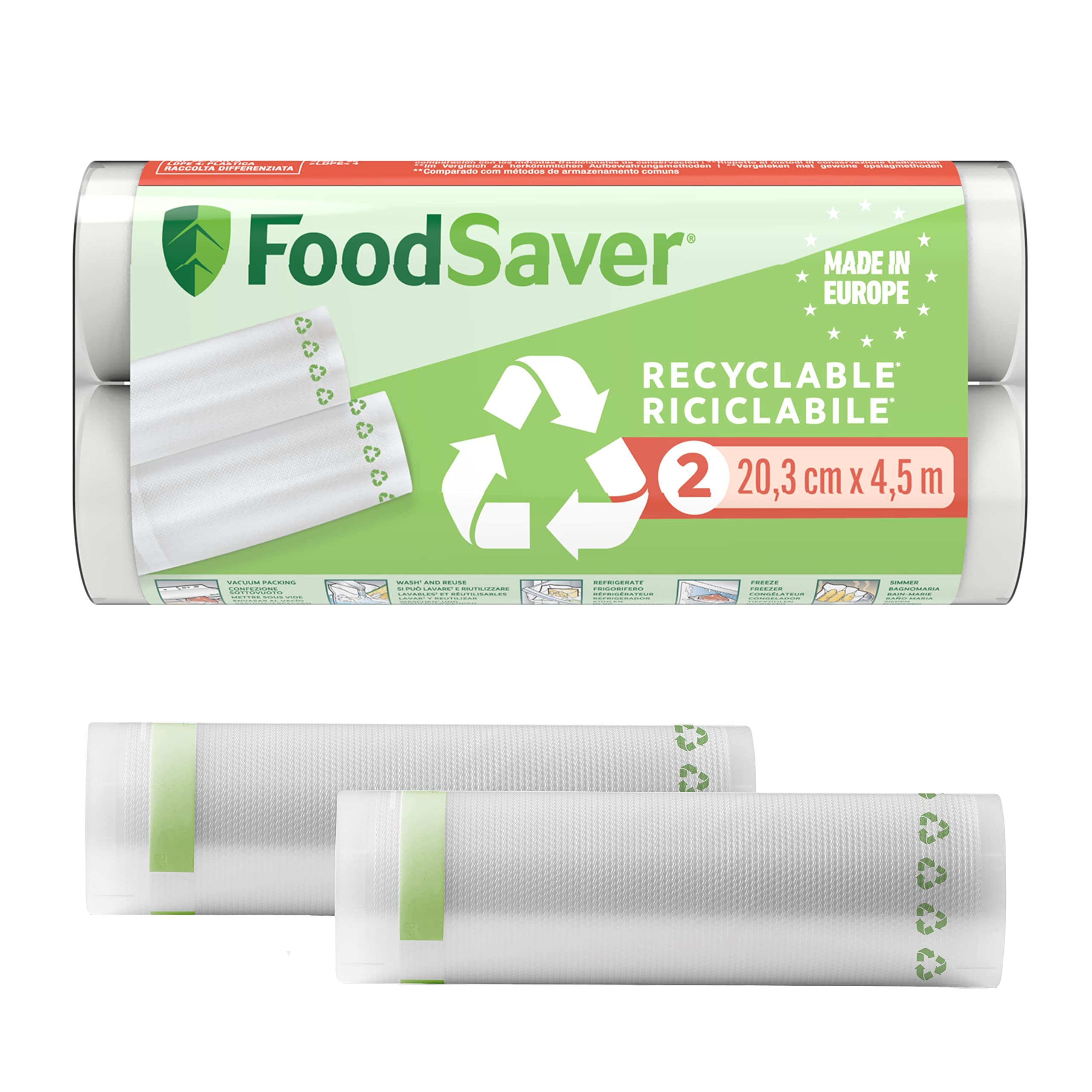 FoodSaver Vacuum Sealer Rolls| Recyclable & Reusable Food Bags | Keeps Food Fresh up to 5x Longer | BPA-Free | 2 x Freezer & Simmer-Safe Vacuum Rolls (20 cm x 4.5 m)