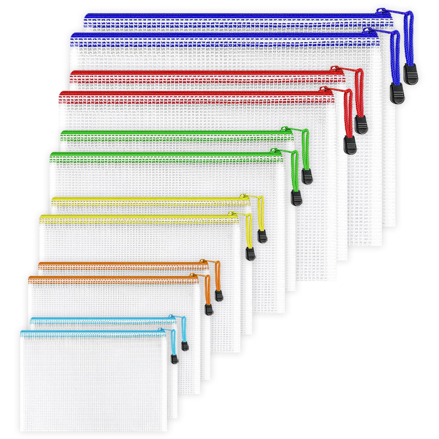 GESDYO Pack of 12 Waterproof Document Cases with Zipper. PVC Zip File Bags. Mesh Plastic Zip Pouches for Documents, School, Office, Passport, Cosmetics (Colorful, 6 Sizes)