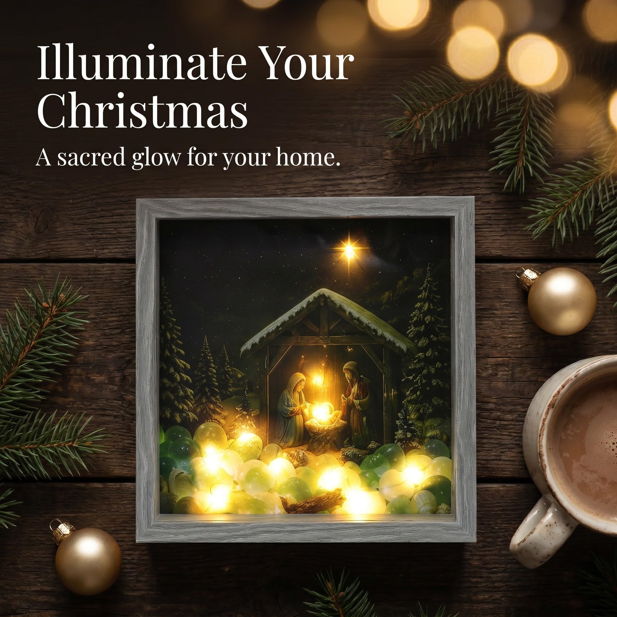 Zerodeko Caja decorativa navideña con diseño de belén: marco de fotos navideño con iluminación LED, marco de madera rústica para fotos navideñas, alimentado por USB para mesa, repisa o chimenea,