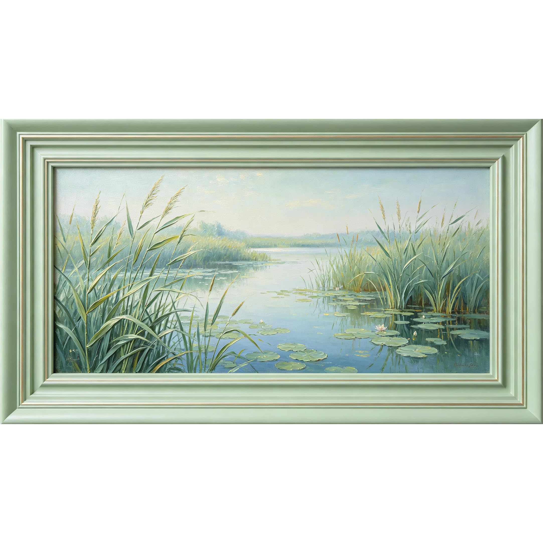 QZLITHOTIC 50x90cm3D Framed Wall Art， Tranquil Lake Landscape with Reed and Water Lily Self‑Adhesive Mural， Water‑Activated Peel & Stick Fabric Decor Wall Decal for Bedroom Living Room