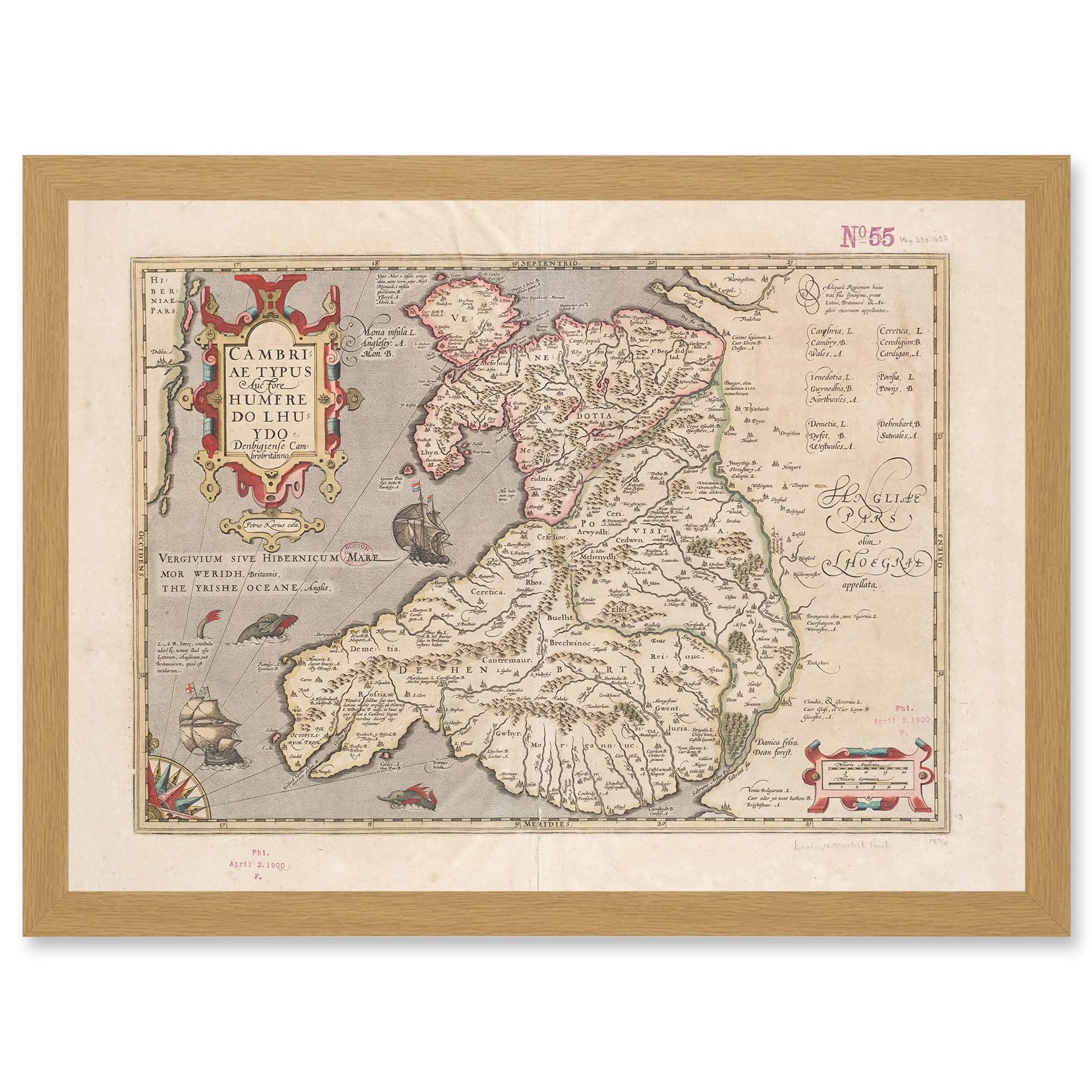 Artery8 Hondius 1633 Welsh Latin Early Map Wales Cymru Artwork Framed A3 Wall Art Print