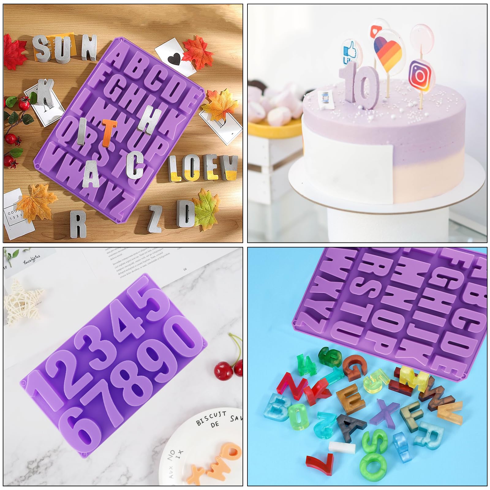 QEEYON Lot De 6 Moules Silicone 3D Lettres Chiffres Cœur Fleur – Alphabet A-Z, Chiffres 0-9, Formes Décor Gâteau Chocolat Bonbons Savon – Facile Démoulage, Qualité Alimentaire