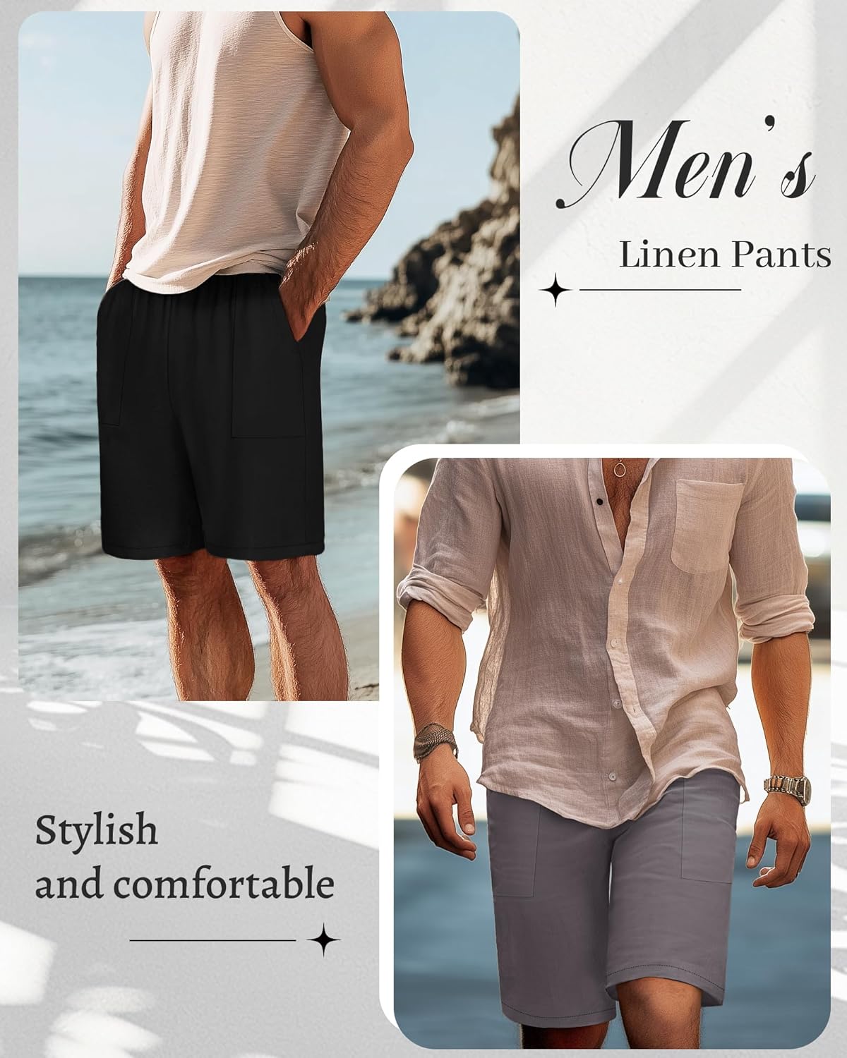 Riyiper 2 Pack Men's Big and Tall Linen Shorts, Drawstring Casual Shorts with Pockets Elastic Waist Beach Summer Shorts - Image 7