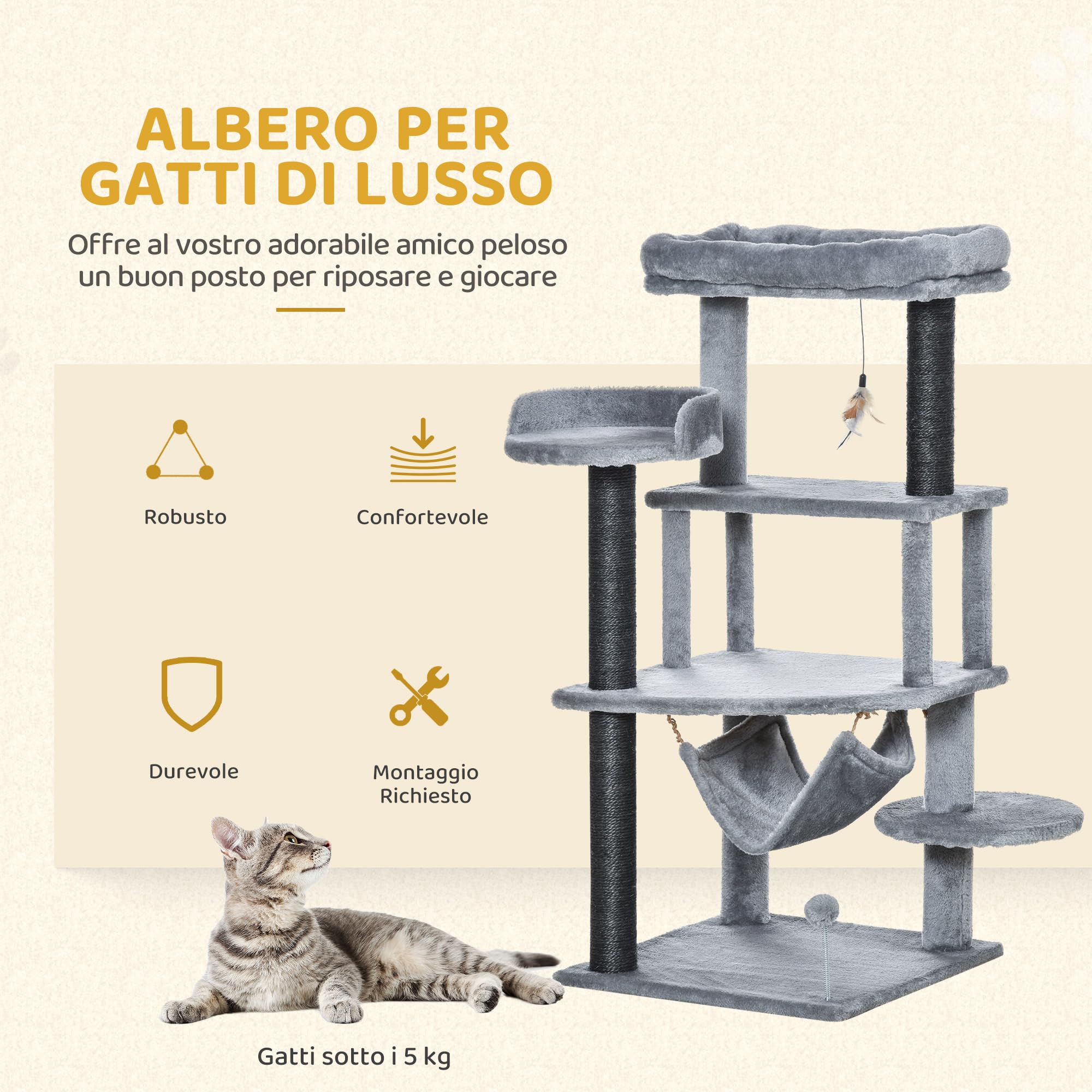 PawHut Albero Tiragraffi per Gatti con Palo, Casetta, 48x48x107 cm, Grigio | Letto, 4 Piattaforme, Amaca e 2 Giochi, Torre per Gatti in Truciolato, Peluche, Sisal e Feltro