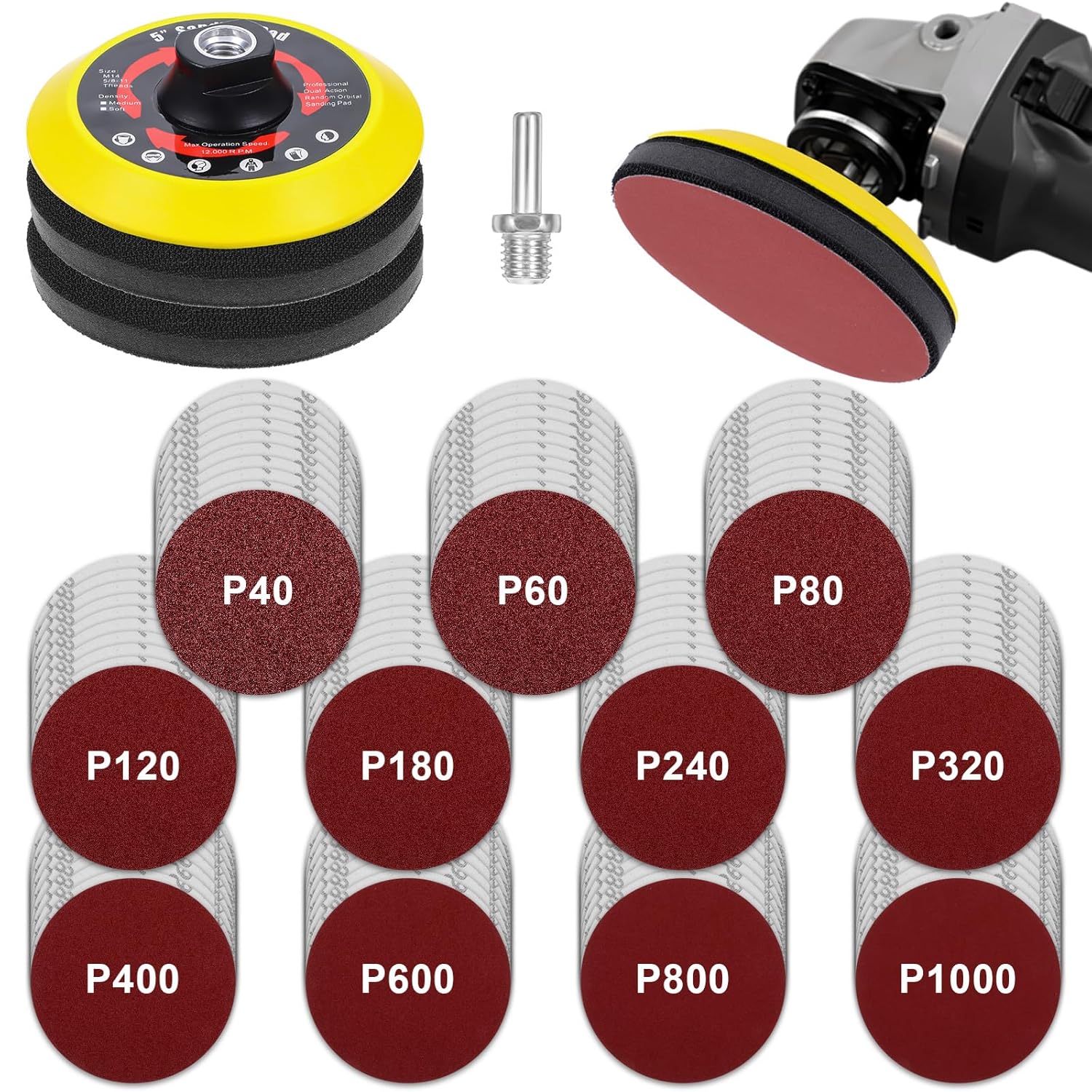 110PCS Angle Grinder Sanding Kit, 40-1000 Grits Sanding Discs with Cushion and Hook & Loop Backing Pad, Angle Grinder Attachments with 5/8-11 Threads, Sanding Pad for Wood Metal Car Polishing