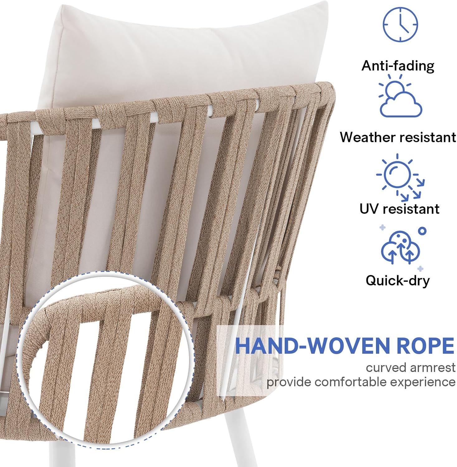SUNSITT 5 Piece Outdoor Dining Set, Metal Patio Furniture Dining Set with Acacia Wood Top Dining Table and 4 Woven Rope Patio Chairs w/Cushions for Yard, Garden, White