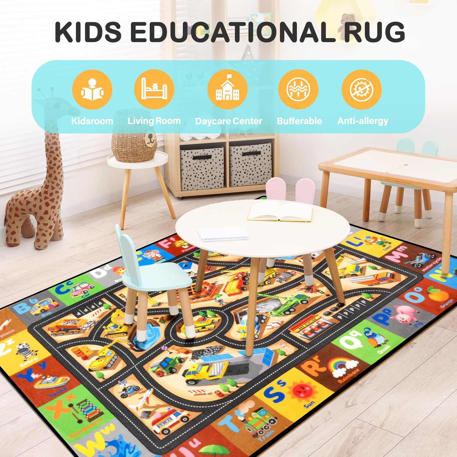 Construction Site Play Rug 6x9FT Car Rug for Kids Toy Cars Non-Slip Car Carpet Baby Play Mat for Floor Washable ABC Alphabet Playroom Nursery Preschool Daycare Classroom Carpet