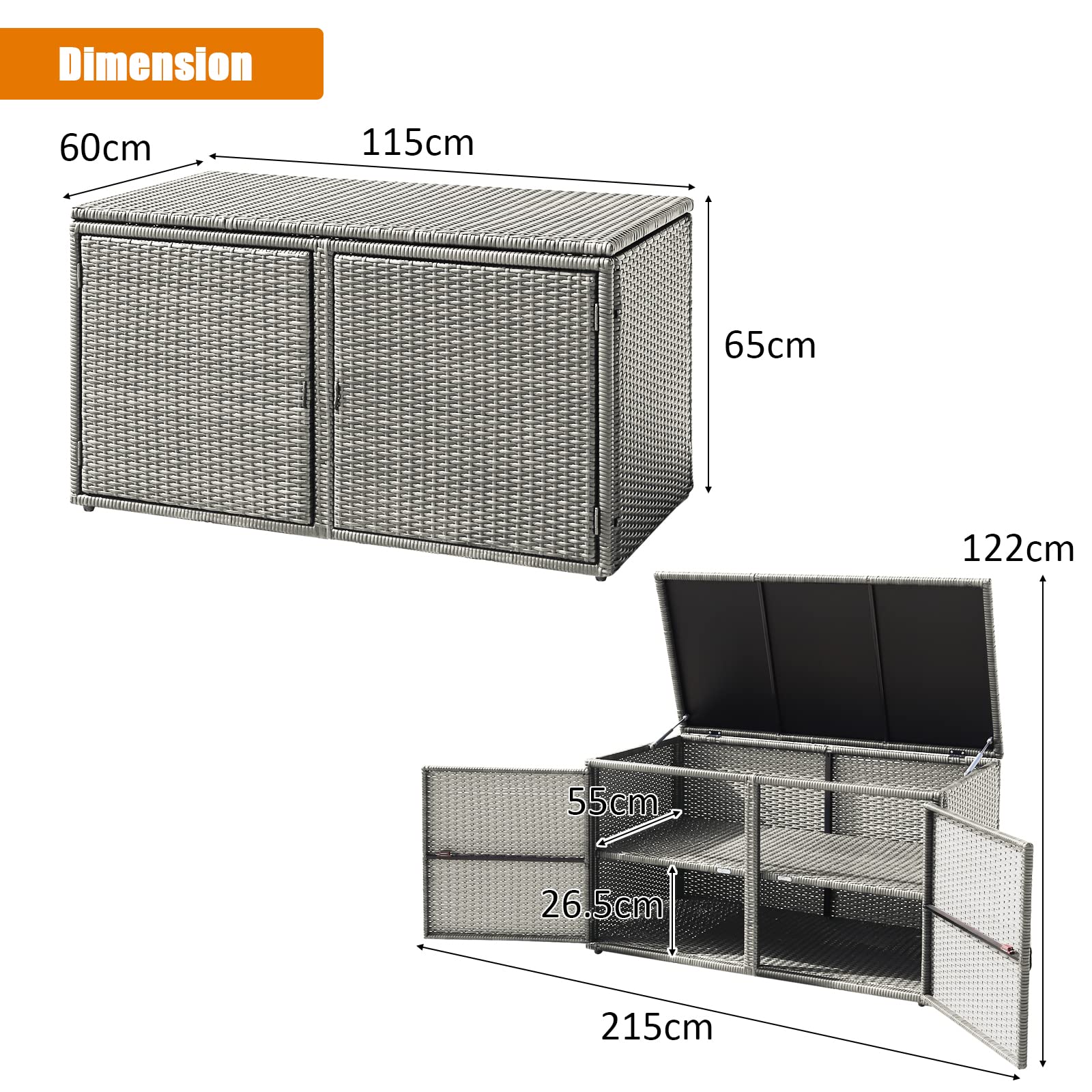 KOMFOTTEU Rattan Auflagenbox, Aufbewahrungstruhe mit Doppeltüren und Deckel, 2 stöckiger Gärtnerschrank, langlebige Aufbewahrungsbox, Aufbewahrungsbehälter für Garten, Hof(Grau)
