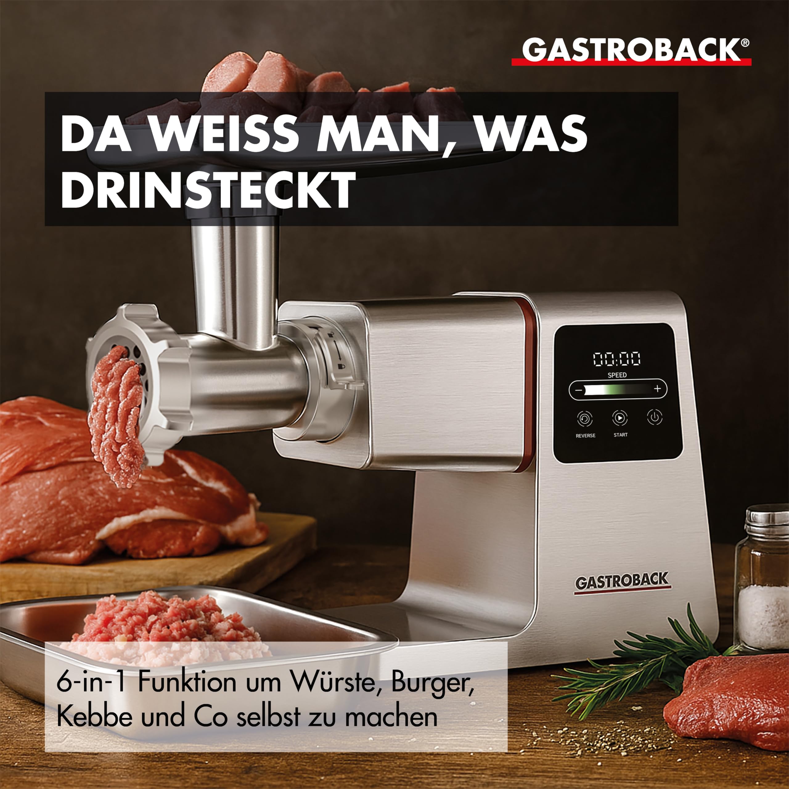 GASTROBACK Elektrischer Fleischwolf mit Wurstfüller und Spritzgebäckvorsatz - 2500 Watt 6-in-1 Edelstahl Meat Grinder - Wurstfüllmaschine elektrisch mit Touch Screen inkl Burger-Presse
