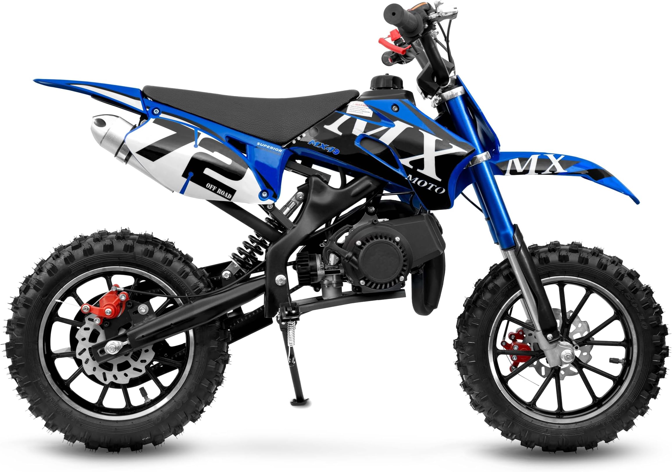 Gas Powered 49cc Dirt Bike, 24 MPH Max, Dual Suspension, Front/Rear Disc Brakes, Simple Pull Start, Trail Motorcycle Blue