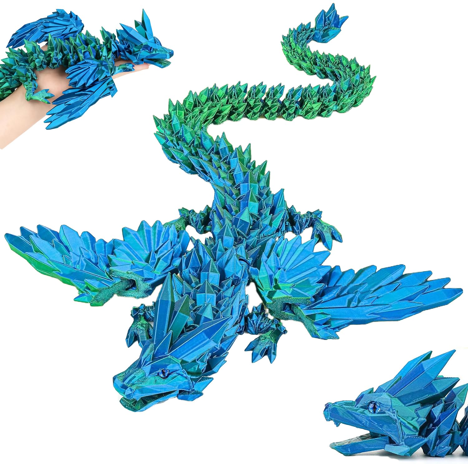 3D Printed Dragon Toys with Eyes, 24 inches 3d printed dragon large, Winged Dragon, Bendable and Flexible Big Fidget (green)