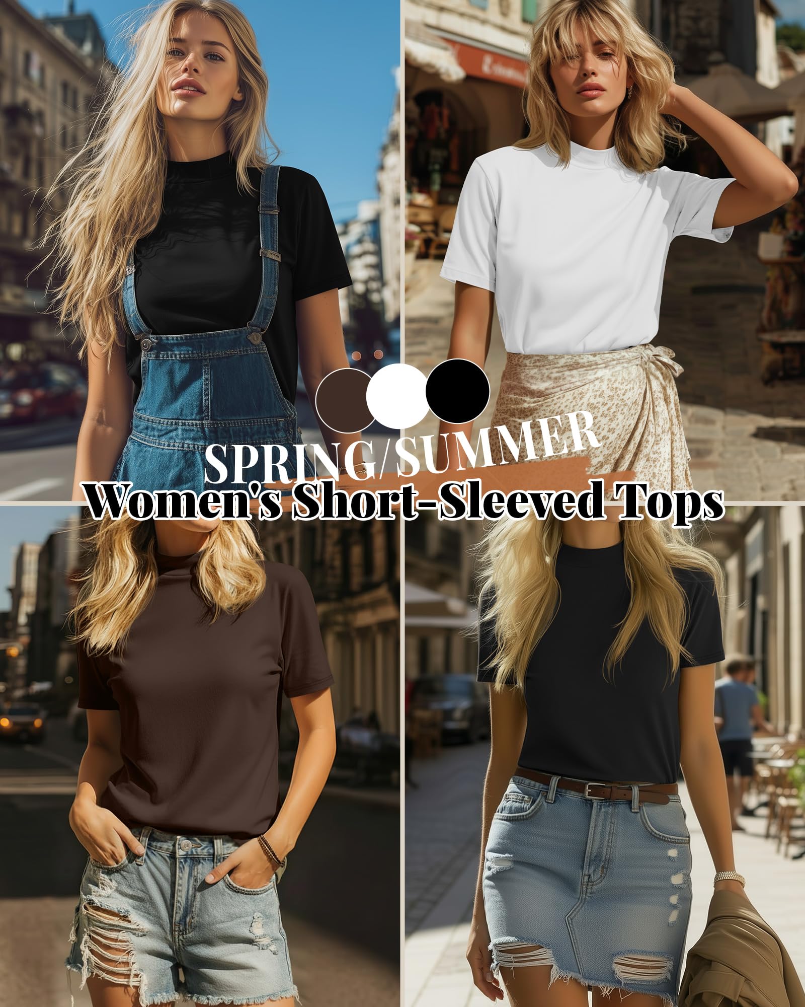 Ficerd 3er-Pack Damen-Shirts mit Stehkragen, Kurzarm-Rollkragenoberteile, Schmal Geschnitten, Lässige Sommer-Basic-Shirts