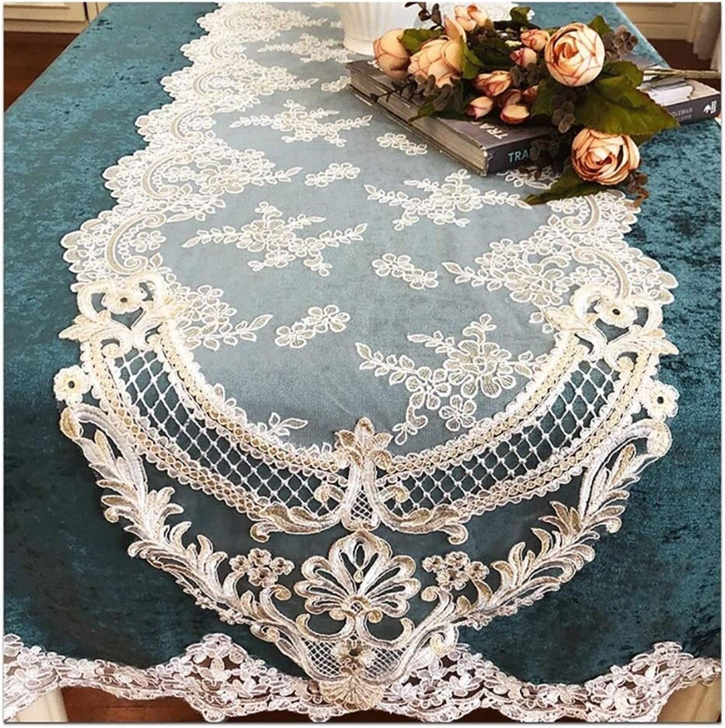 Table Runners White Lace Table Runner Classy Floral Pattern Table Runner for Boho Theme Party Festival Christmas Party Home Decorations Gourmet Dressing ( 43*90cm)