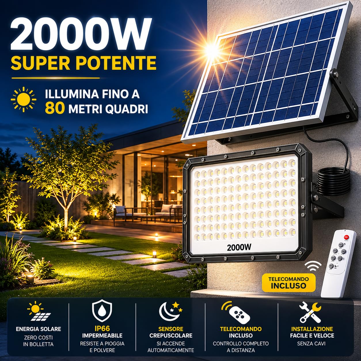 Faretto LED da Esterno Solare 2000W con Pannello Solare e Telecomando, Faro LED Esterno con Pannello Solare IP66, Luce Solare da Esterno per Giardino Cortile Sicurezza [Classe di efficienza energetica