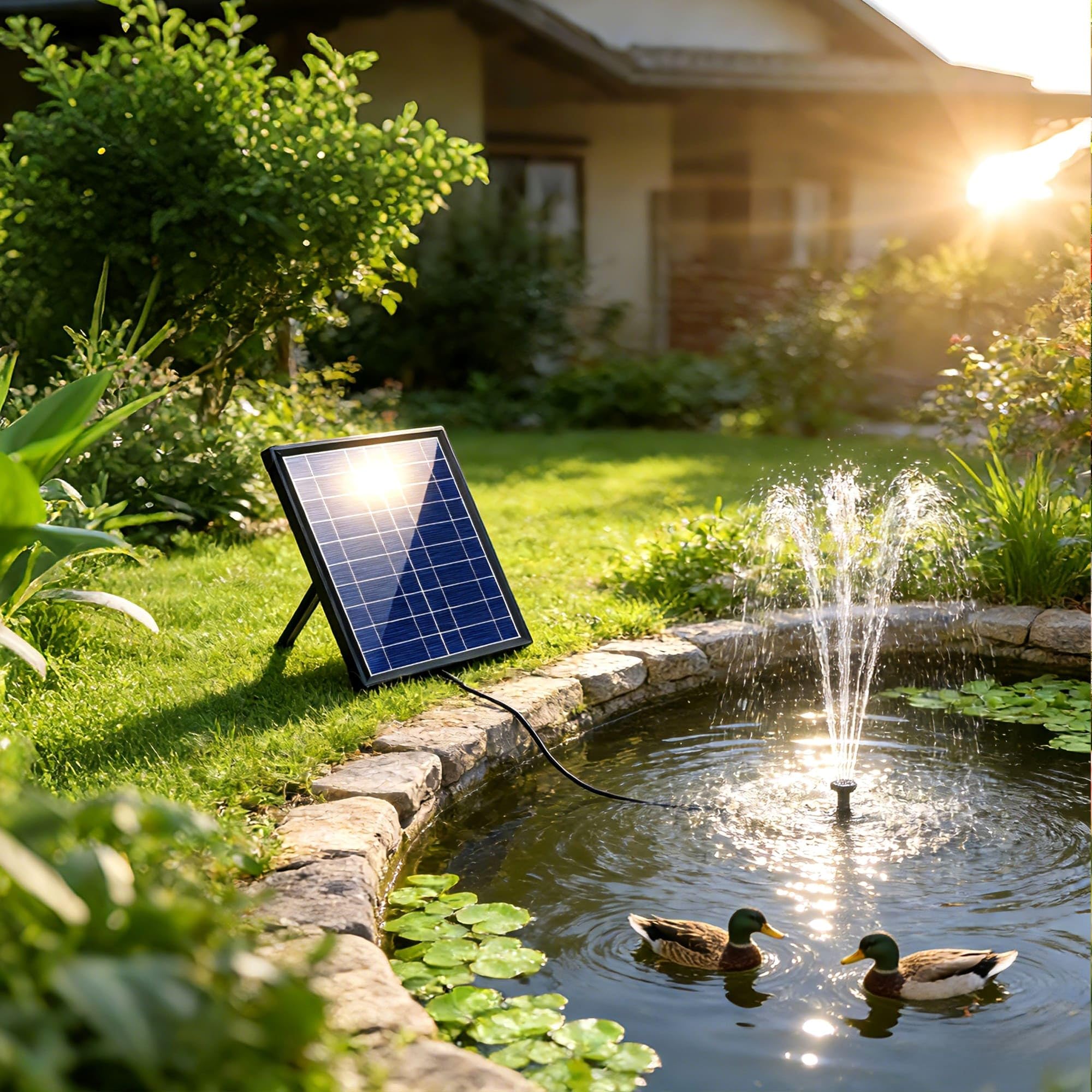 Pompa solare per laghetto Biling da 7,5 W con filtro, 300 l/h con tubo flessibile da 1,5 m, cavo da 3 m, 10 ugelli per laghetto da giardino fai da te, vasca per uccelli, fontana solare, gioco d'acqua