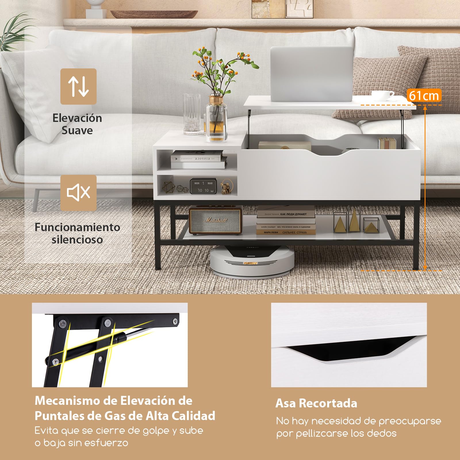GOPLUS Mesa de Centro Elevable Con Compartimento Oculto y Estante de Almacenamiento Abierto, Moderna Rectangular para Salón Oficina, 100 x 49,5 x 47,5 cm (Blanco)