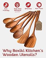 Vista 4 de Boxiki Kitchen Juego de 6 cucharas de madera para cocinar, juego de utensilios de madera de teca con acabado duradero y liso, cucharas