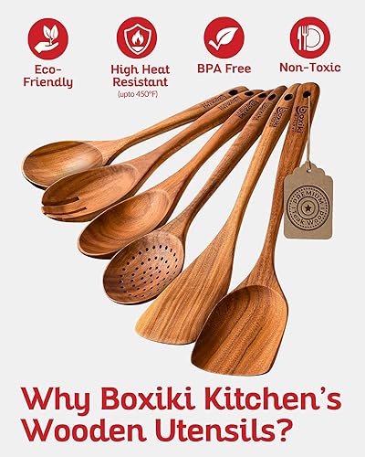 Miniatura 4 de Boxiki Kitchen Juego de 6 cucharas de madera para cocinar, juego de utensilios de madera de teca con acabado duradero y liso, cucharas