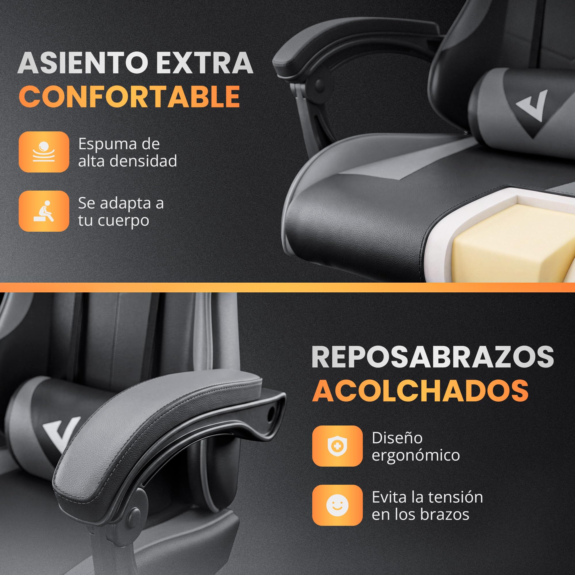 JUPPLIES Silla Gaming Profesional con Masajeador - Silla de Oficina Ergonómica, Altura Regulable y Respaldo Abatible - Silla Gamer (Gris, Acolchado Arriba, con Reposapiés)