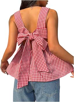 WDIRARA Women's Gingham Plaid Bow Knot Back Tank Top Square Neck
