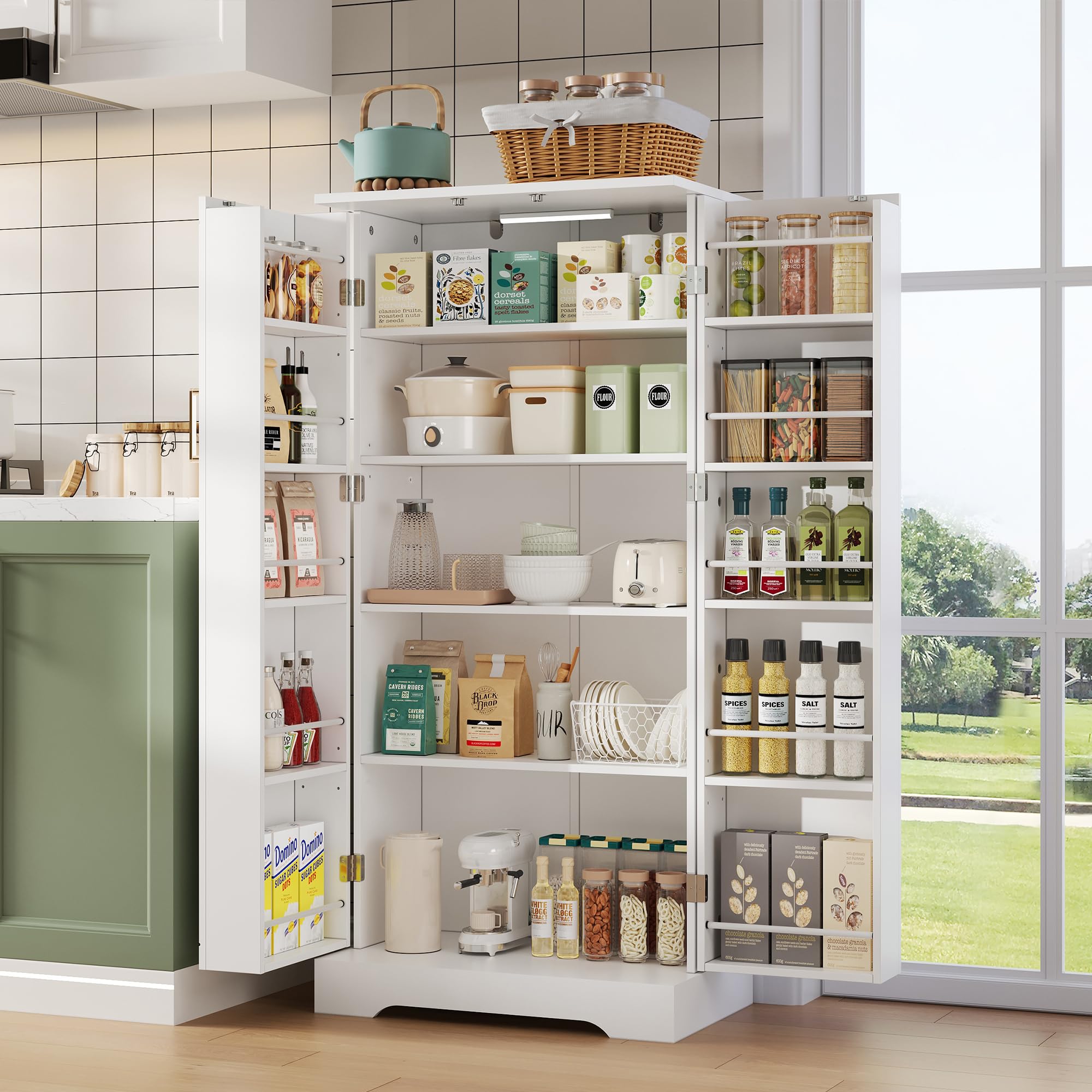 Merax Küchenschrank mit LED, Vorratsschrank mit 2-Türiger, Buffetschrank Hoch mit Höhenverstellbaren Einlegeböden, Küchenbuffet für Wohnzimmer, Küche, Esszimmer, 60×35×128cm (Weiß)