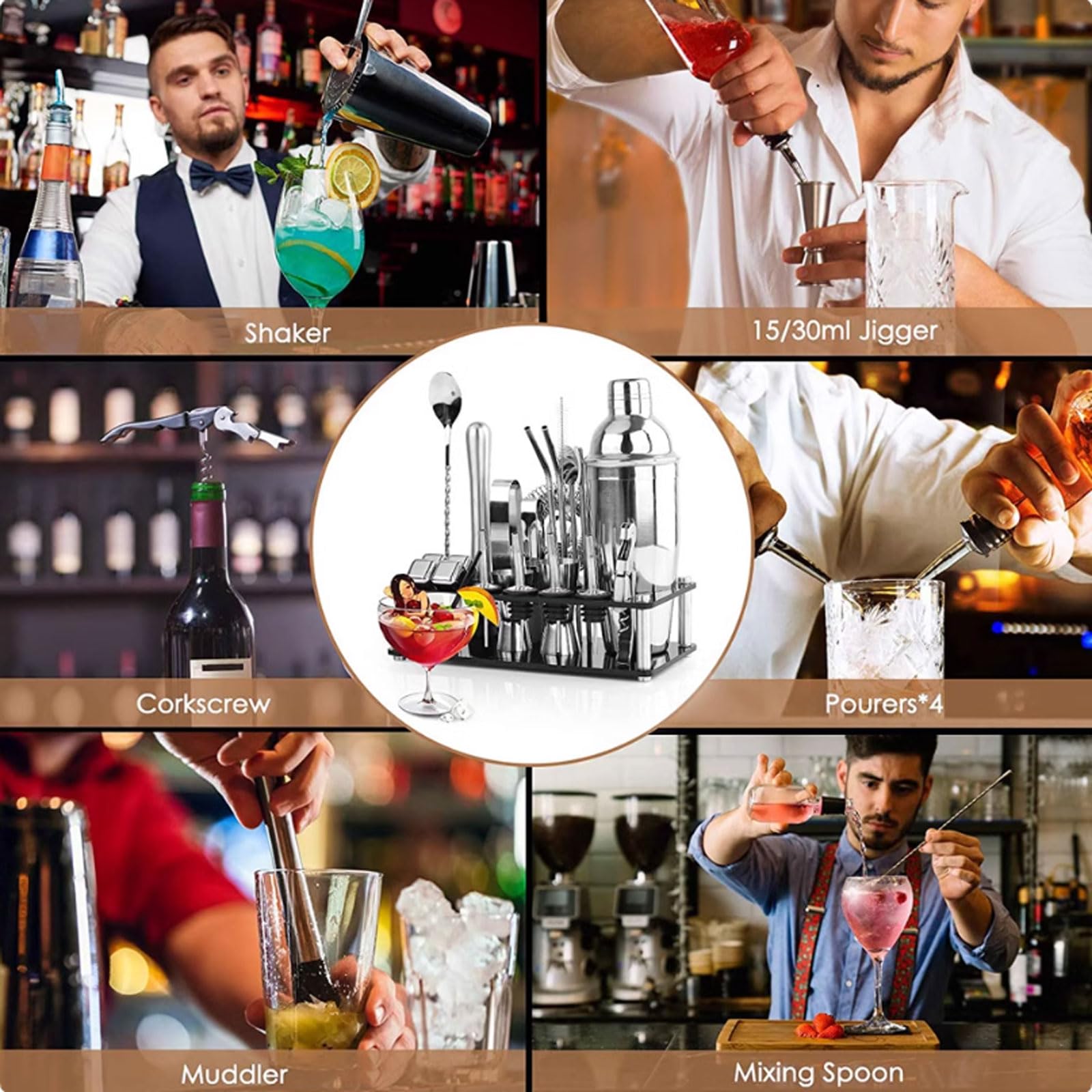esmen Kit Barista da 23 Pezzi, Utensili da Bar in Acciaio Inossidabile con Supporto, Accessori da Bar Set di Shaker per Cocktail Domestici per miscelare Bevande