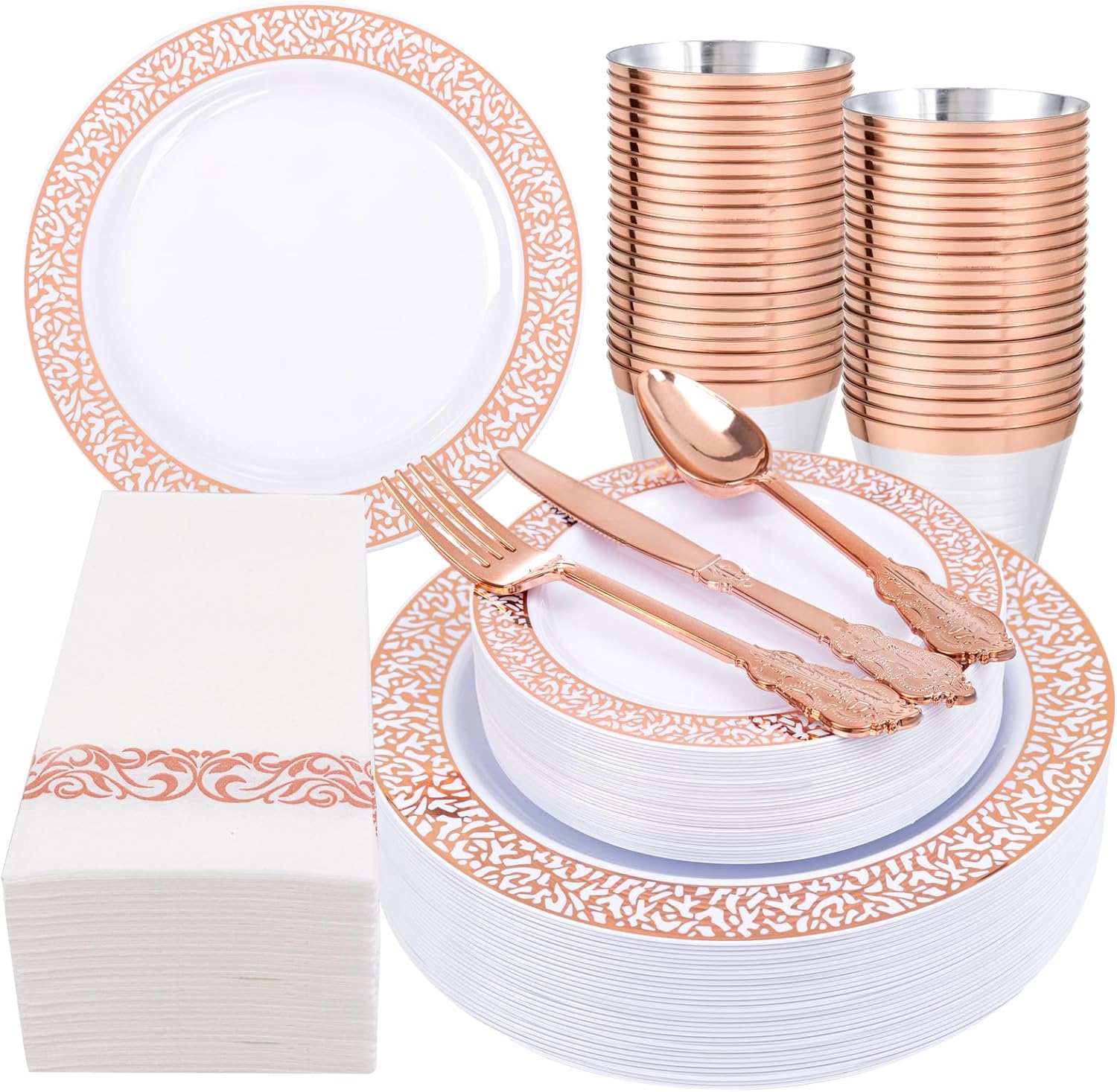 Festiva 350PCS Rose Gold Plastic Dinnerware Set - Disposable Lace Rose Gold Plates and Napkins Party Supplies - include plates,napkins,cups,silverware - Serve for 50 Guests Party&Wedding&Mother's Day 50 Guests Lace Rose Gold