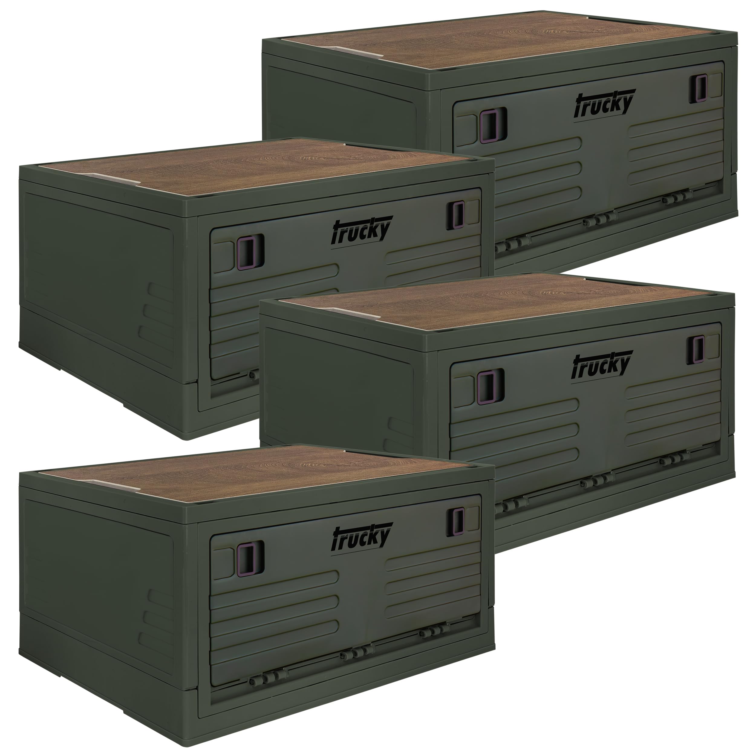 Trucky Caja de almacenamiento con tapa, juego de 4 unidades, 35 L, 48 x 30 x 24 cm, para camping, plegable, con tapa, color verde