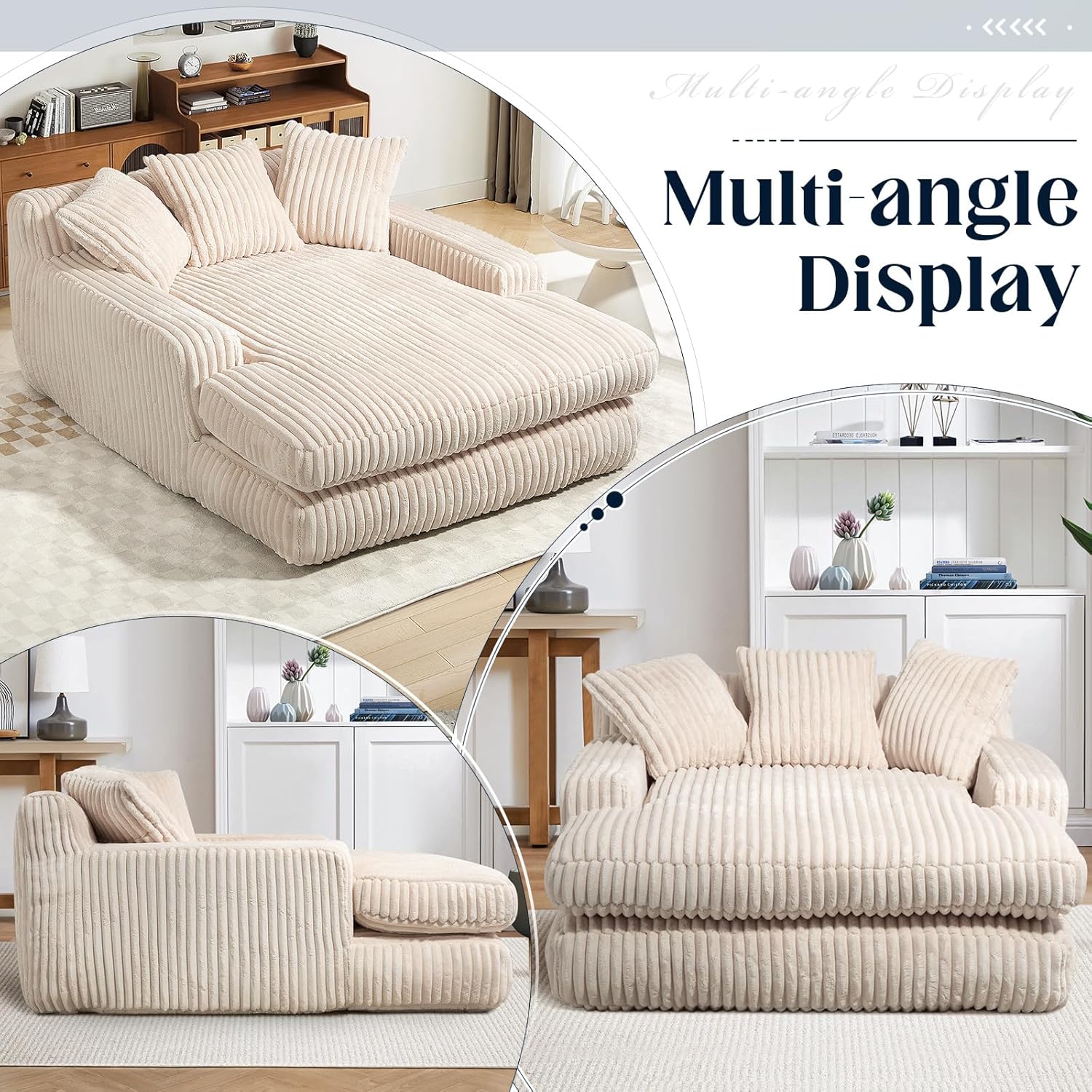 JEEOHEY Oversized Chaise Lounge Chair Indoor, 53"W Upholstered Corduroy Loveseat Sofa Boneless Chair with Pillows, Comfy Cloud Couch, Modern Lazy Floor Sleeper Sofa Bed for Living Room, Bedroom(Beige)