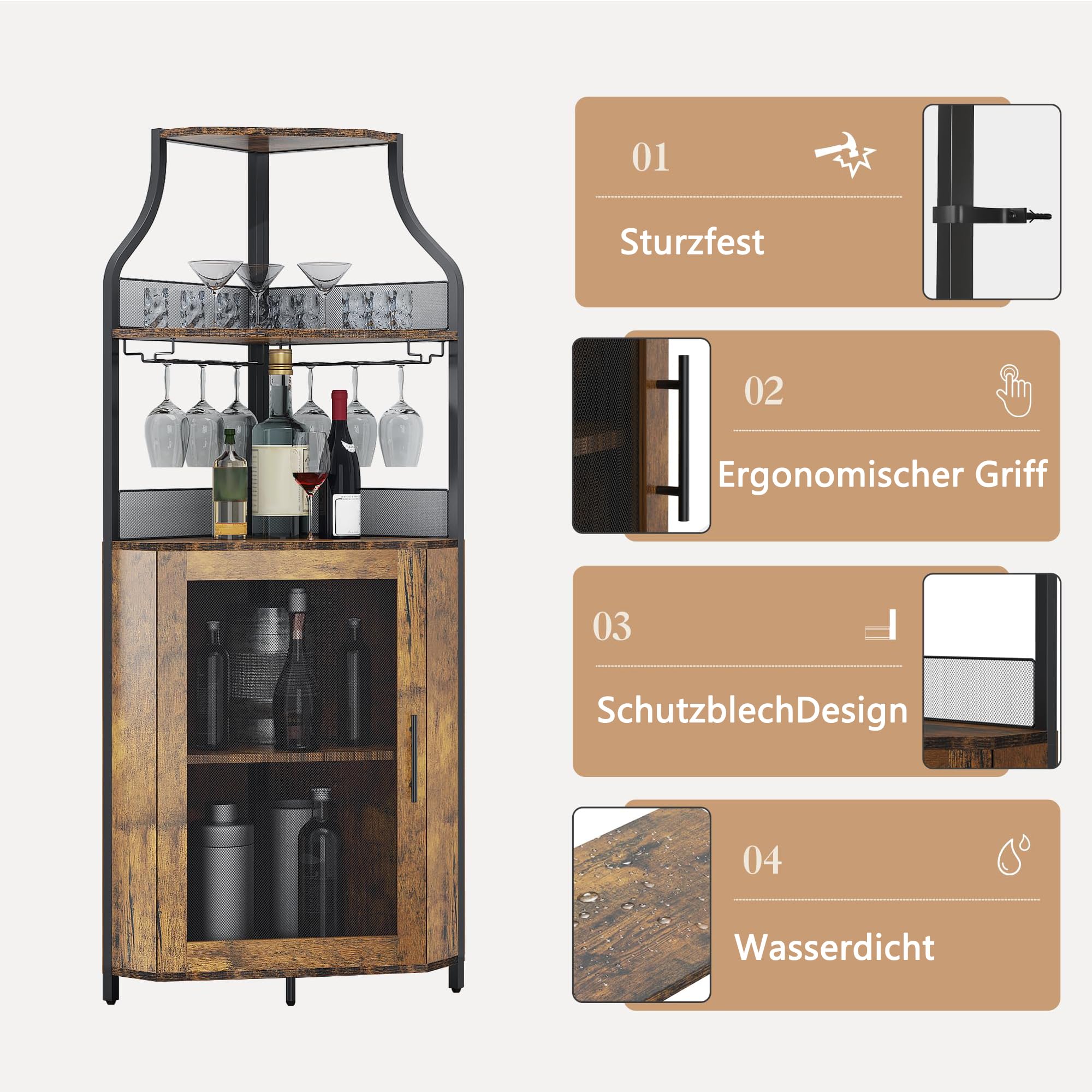 Litake Eckbar-Kommode, Flaschenregal Mit Verstellbaren Regalen, 5-Schichten Landhausweinkommode Mit Verschließbarem Tür Und Verstellbaren Füßen Für Esszimmer, Wohnzimmer, Küche, Rustikaler Braun