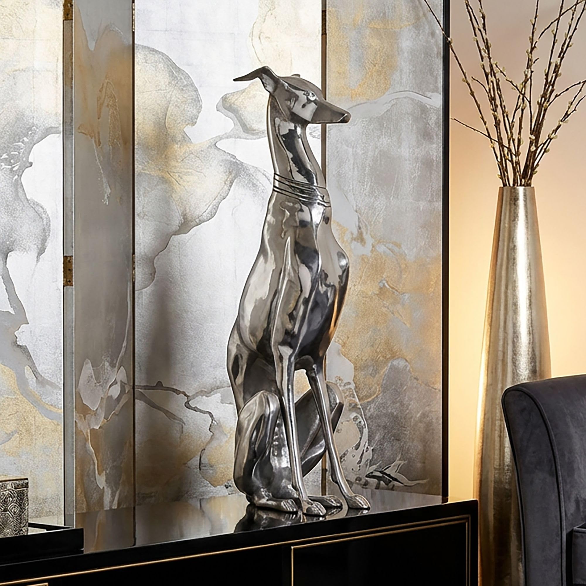 FineBuy Dekoration Design Dog aus Aluminium silbern Windhund Skulptur Hundestatue Silber