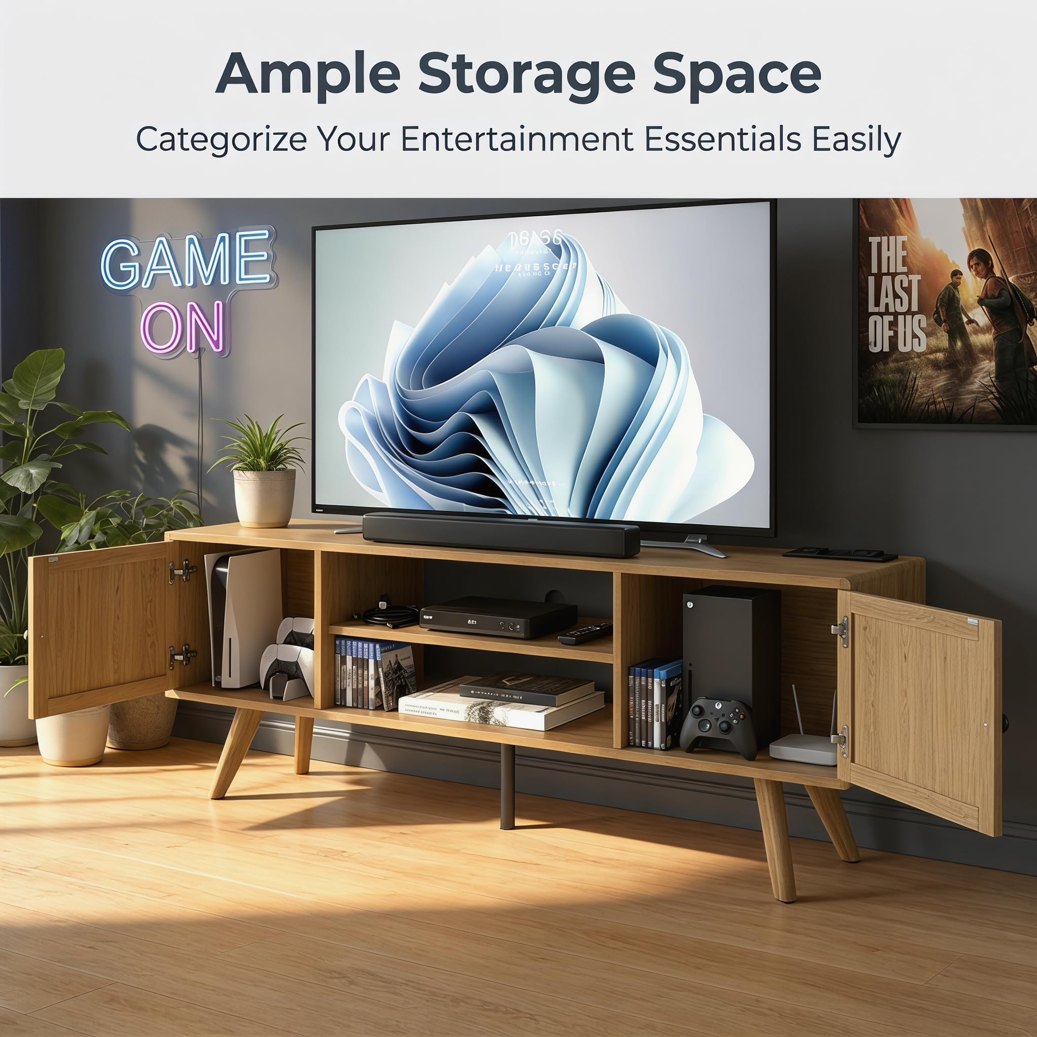 TV Schrank Holz 140cm lang – Lowboard Stehend mit 2 Staufächern & 2 Offenen Regalen, TV Sideboard Wohnzimmer für 60 Zoll Fernseher, Fernsehtisch Holz aus P2-Platte 15cm, Moderner & Landhausstil,Eiche