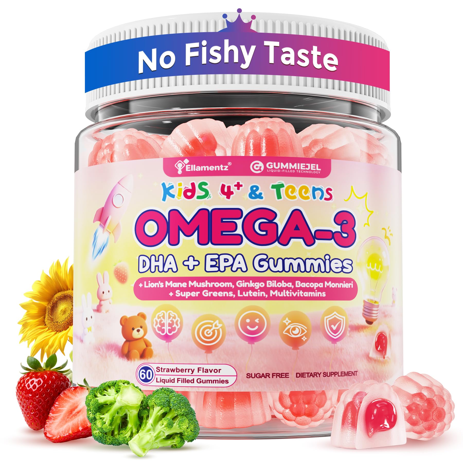 Omega 3 Gummies for Kids, w/DHA + EPA Plus Methyl B12 B9, D3 K2, 60cts 60 Count (Pack of 1)