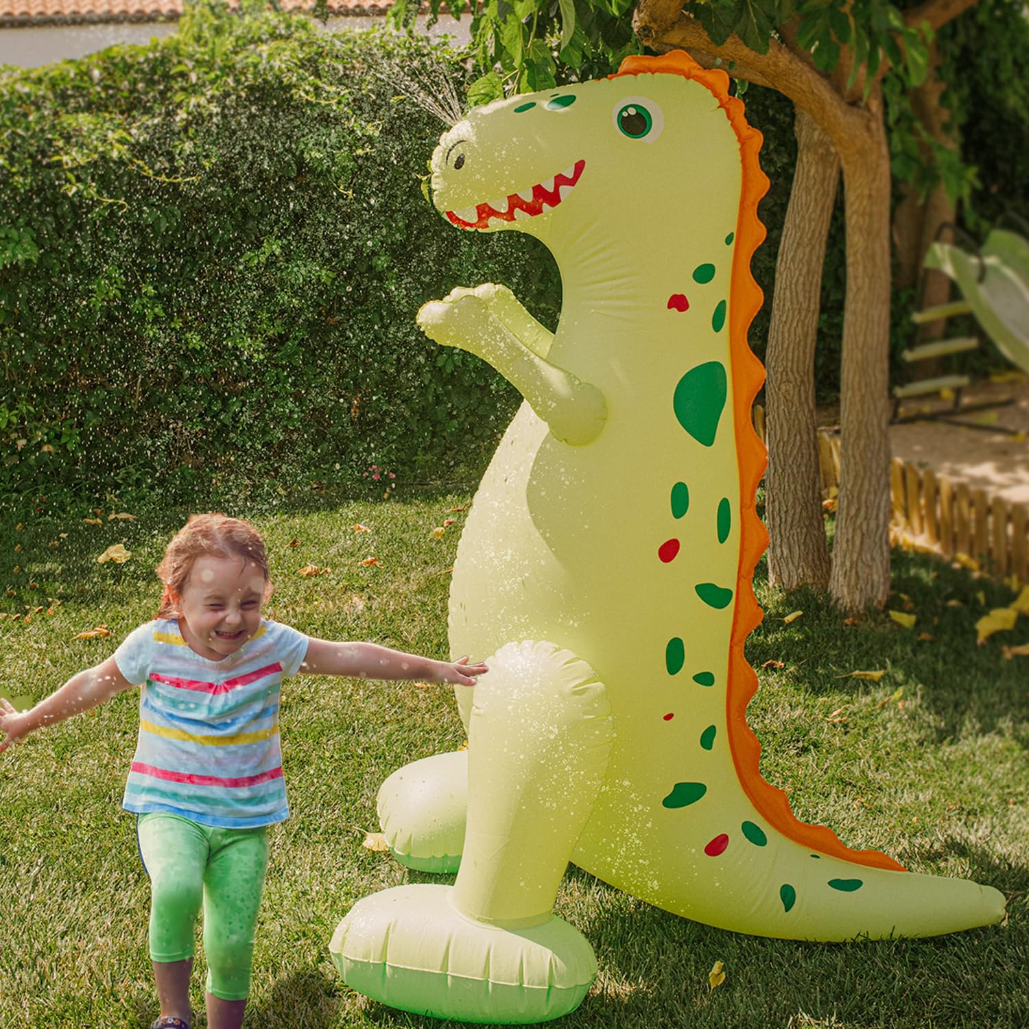 Float Joy Sprinkler for Kids Outdoor Play Water Sprinkler Inflatable 5.5ft Giant Dinosaur T-REX Great Gift for Kids and Adults Water Toy for Pool Party Decorations Summer Yard Party