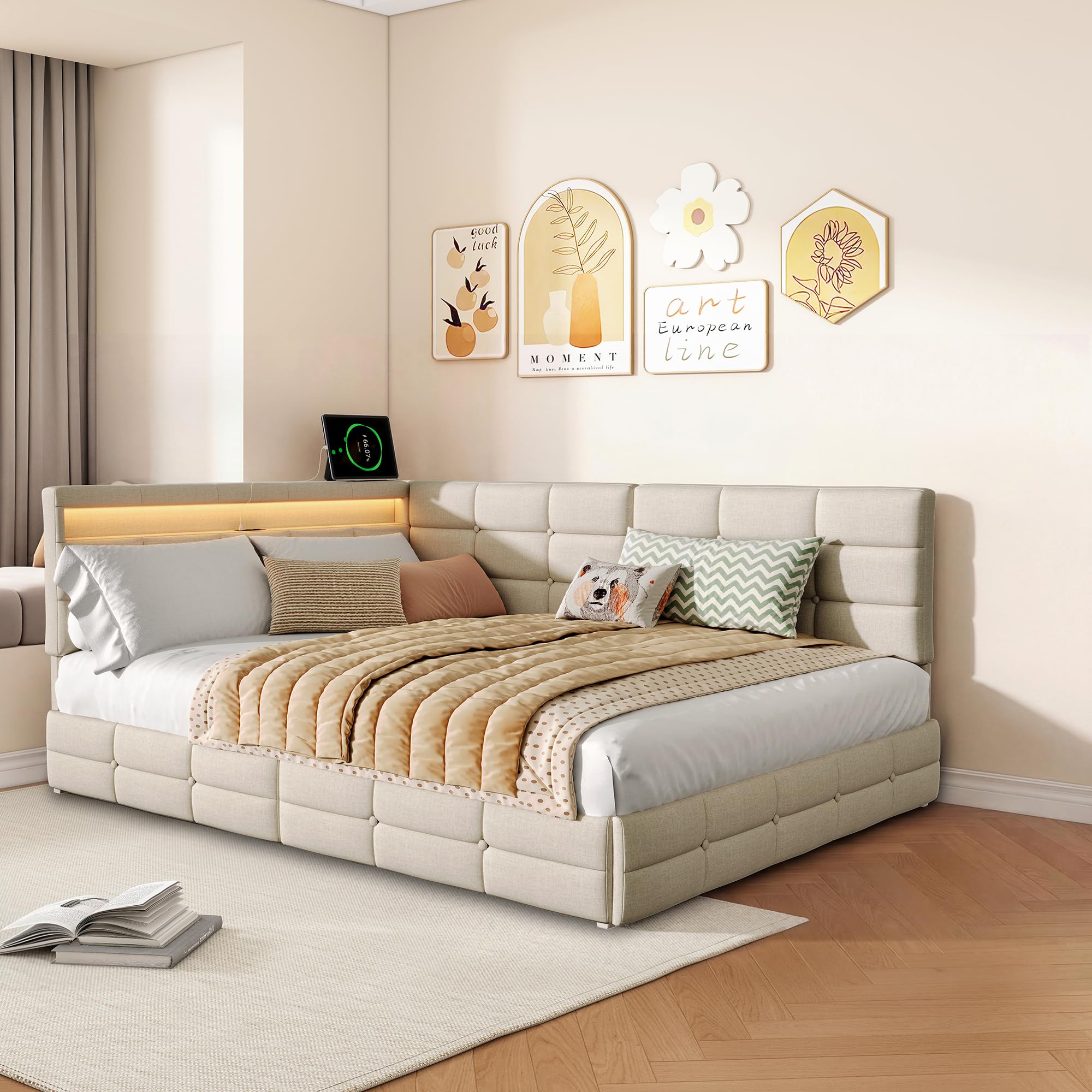 Polsterbett Schlafsofa 140x200, Doppelbett mit LED und USB, Jugendbett mit 2 Schubladen Stauraum, Tagesbett mit Lattenrost, Sofabett, Gästebett, Bettgestell, Leinen Beige, ohne Matratze