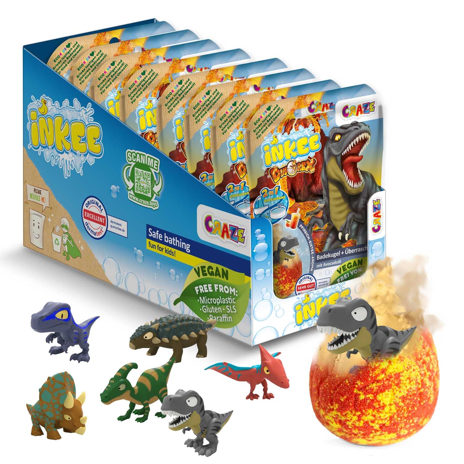 INKEE Surprise Dino 8er Set | Badekugeln Kinder mit Überraschung, 8x Ei-Form Badebomben mit Dinosaurier Figuren, Pfirsich-Eistee Aroma