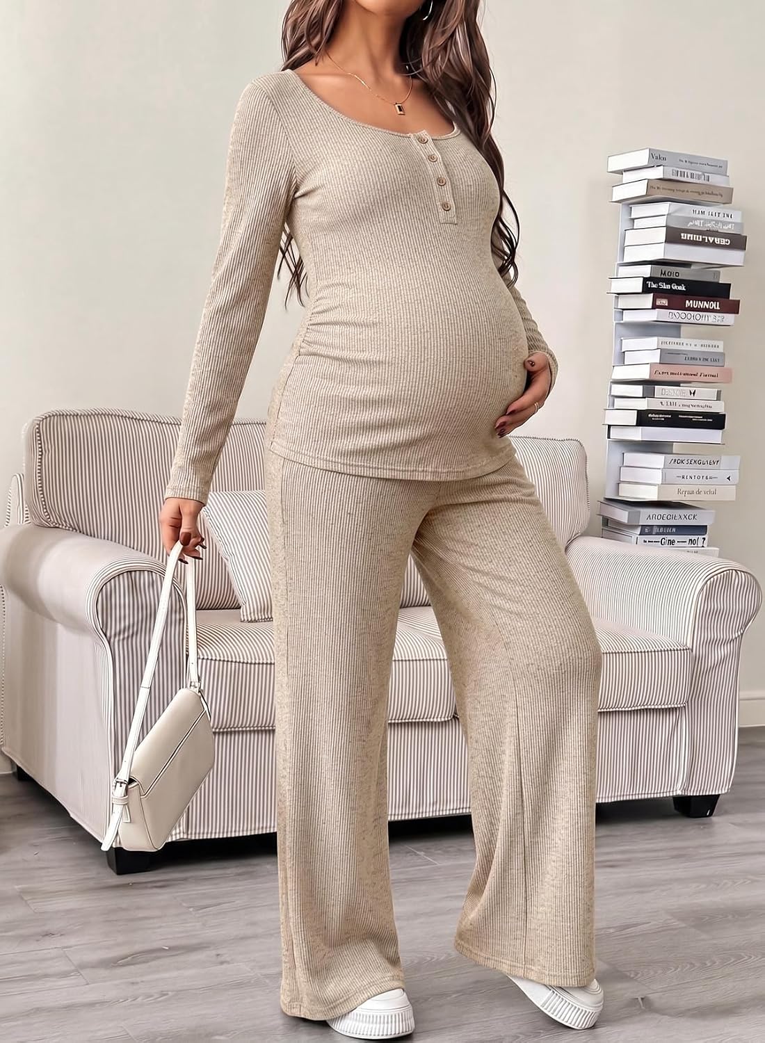 BLENCOT Maternity Clothes Ribbed Long Sleeve Sets Button 2 Piece Outfits
