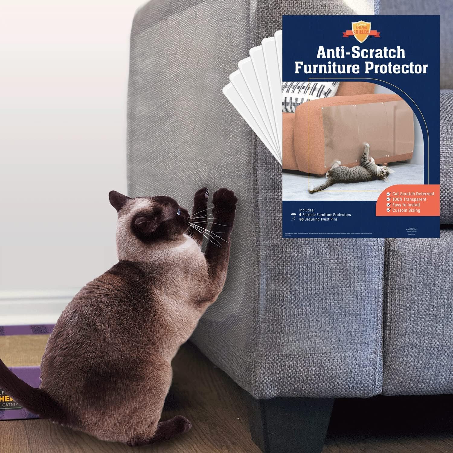 6 Pack XL Anti Cat Scratch Furniture Protector - Couch Protector from Cat Claws w/Twist Pins, Clear, Easy-to-Apply Scratching Deterrent and Shield for Sofa (Not for Leather,...