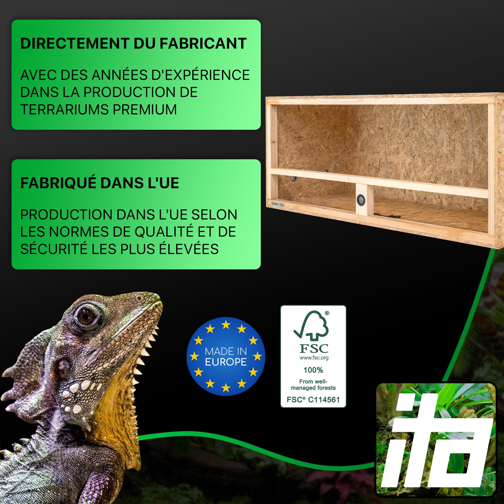 ITA Terrarium Bois 120x50x50 cm avec Ventilation latérale & hygromètre intégré - Terrarium en Bois OSB-3 - pour Reptiles, Serpents, Amphibiens - Produit UE, certifié FSC