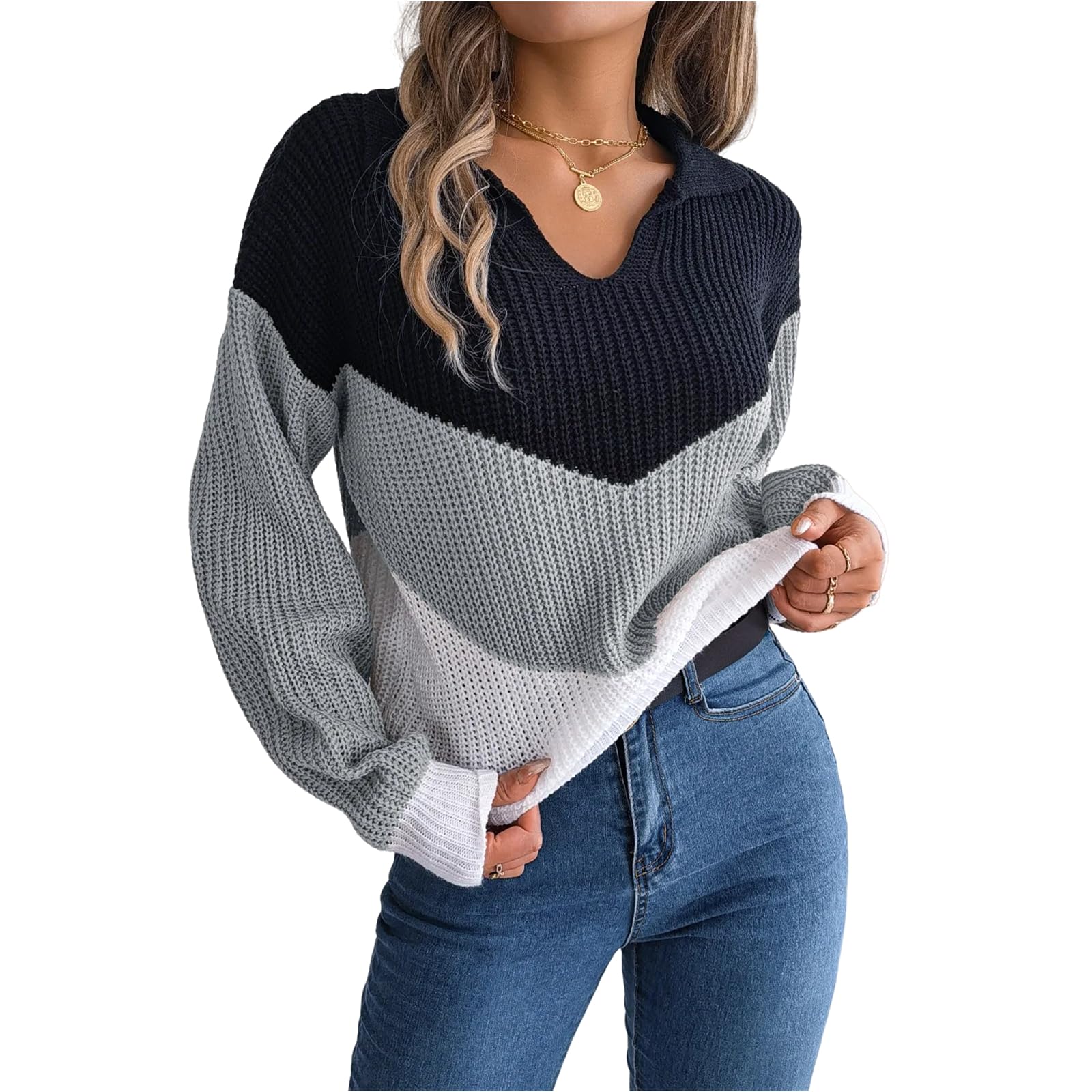 Sweter dla kobiet Jesień Zima Temperament Casual Kołnierz Kontrastowy Luźny Rękaw Elegancki Dzianinowy Sweter Street Damski Sweter