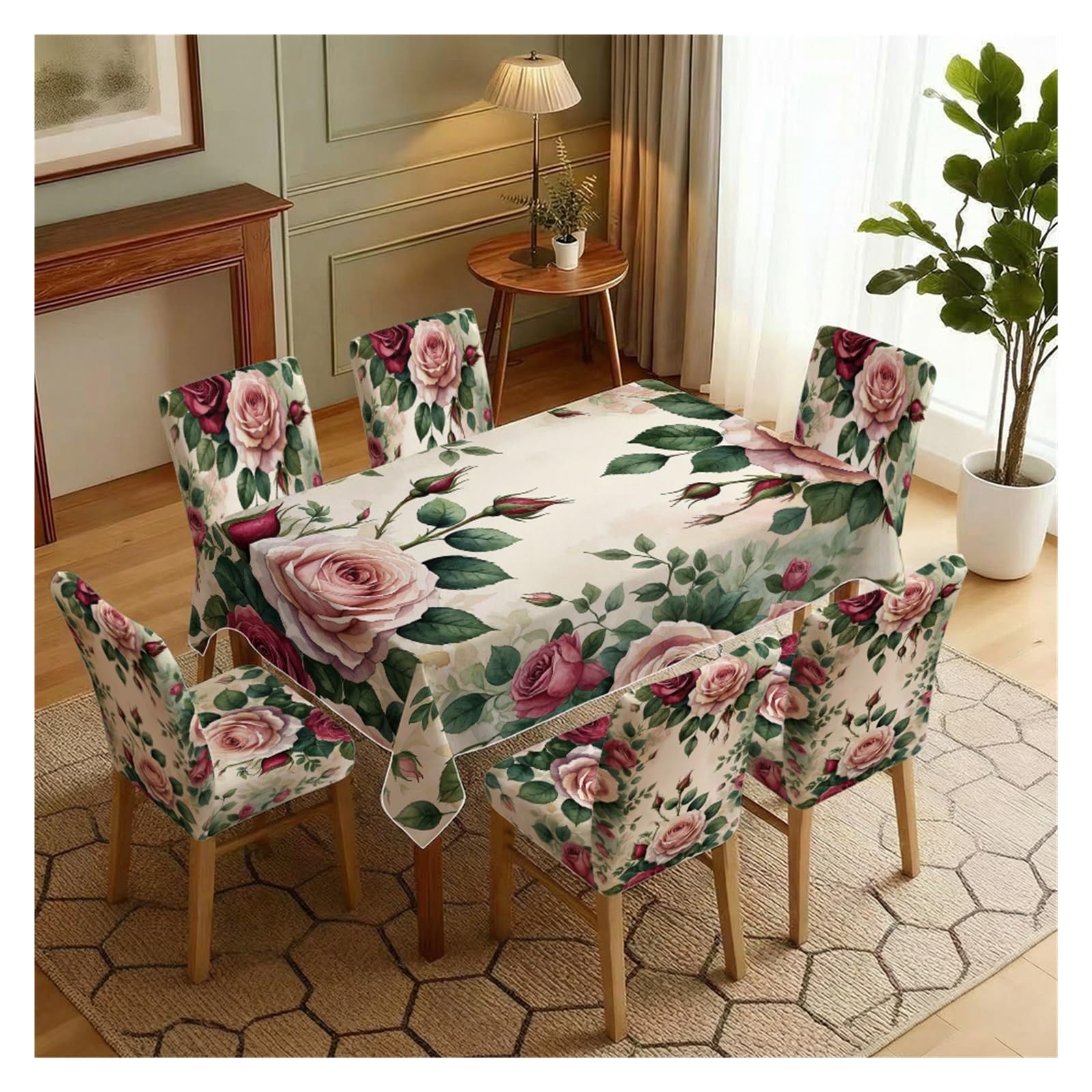 Nappe et housses de chaise imprimé roses 5 ou 7 pièces à motif aquarelle romantique