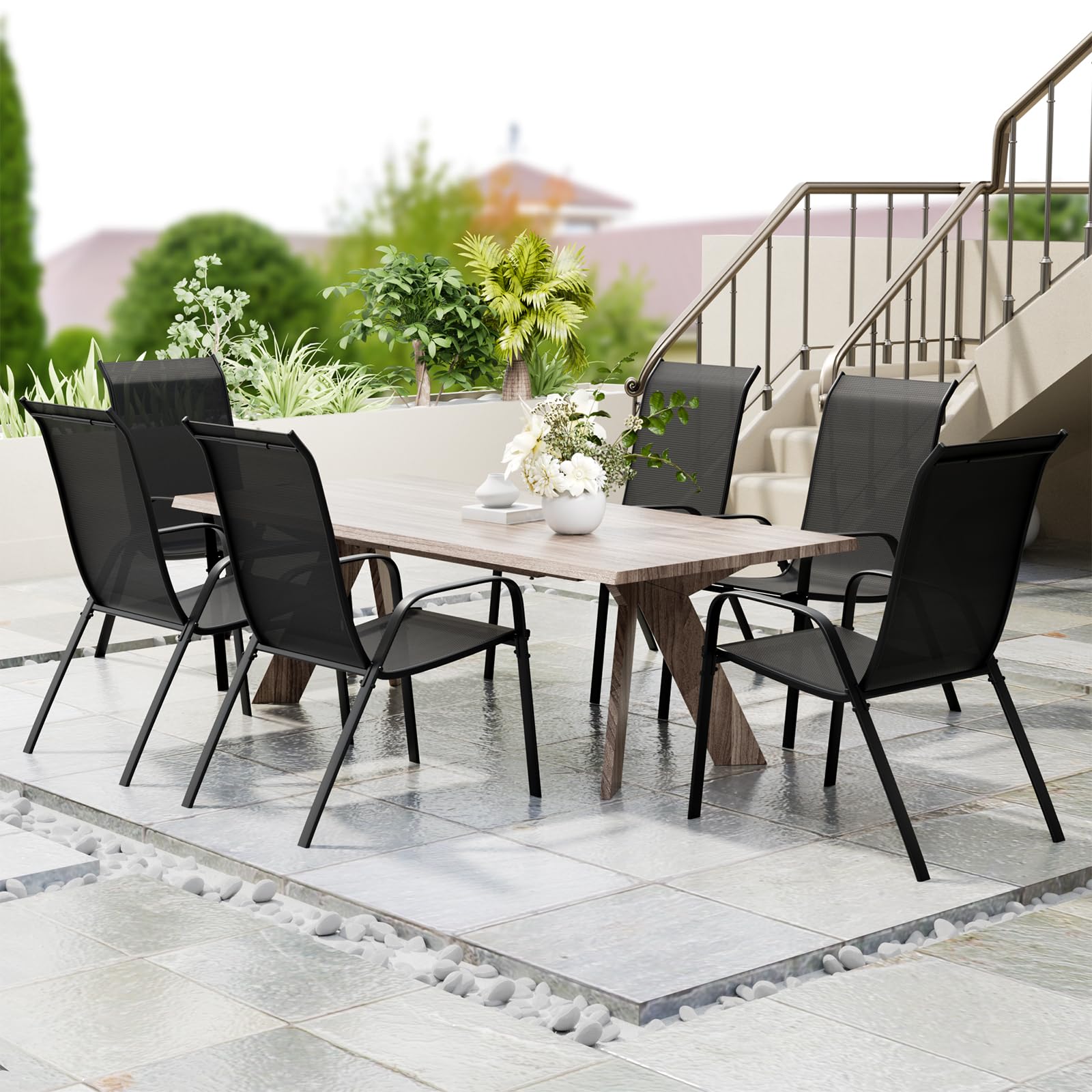 LIFERUN Lot chaises de Jardin empilables à Dossier Haut - Structure en Acier textilène - pour Jardins, Cours, balcons, Restaurants - Charge maximale : 150 kg - 54 x 69 x 93 cm (6, Noir)