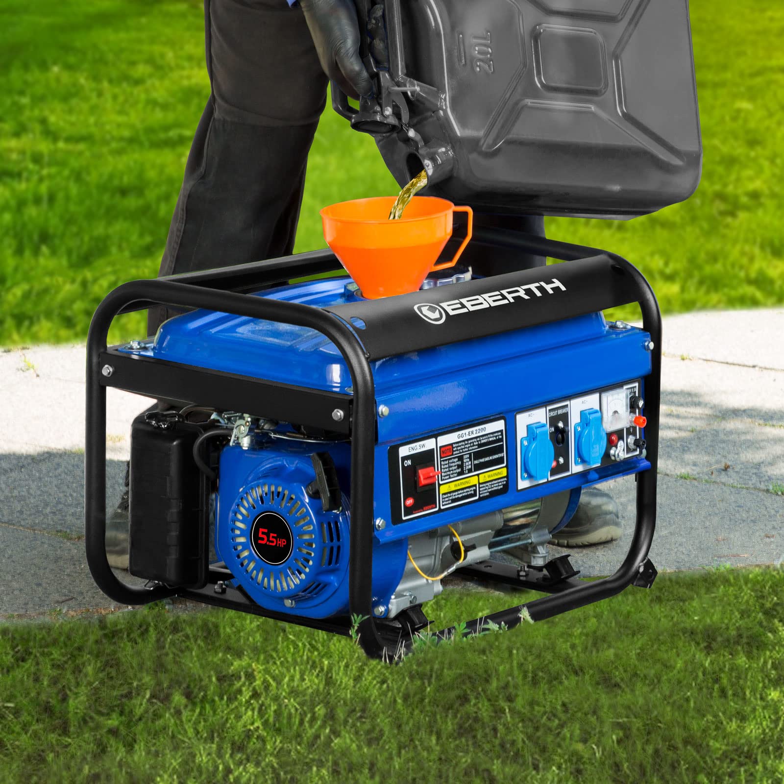 EBERTH Agregat prądotwórczy 2200 W z silnikiem benzynowym o mocy 5,5 KM, 4-suwowy, chłodzony powietrzem, 2x 230 V, 1x 12 V, rozruch ciągły, automatyczny regulator napięcia AVR, woltomierz